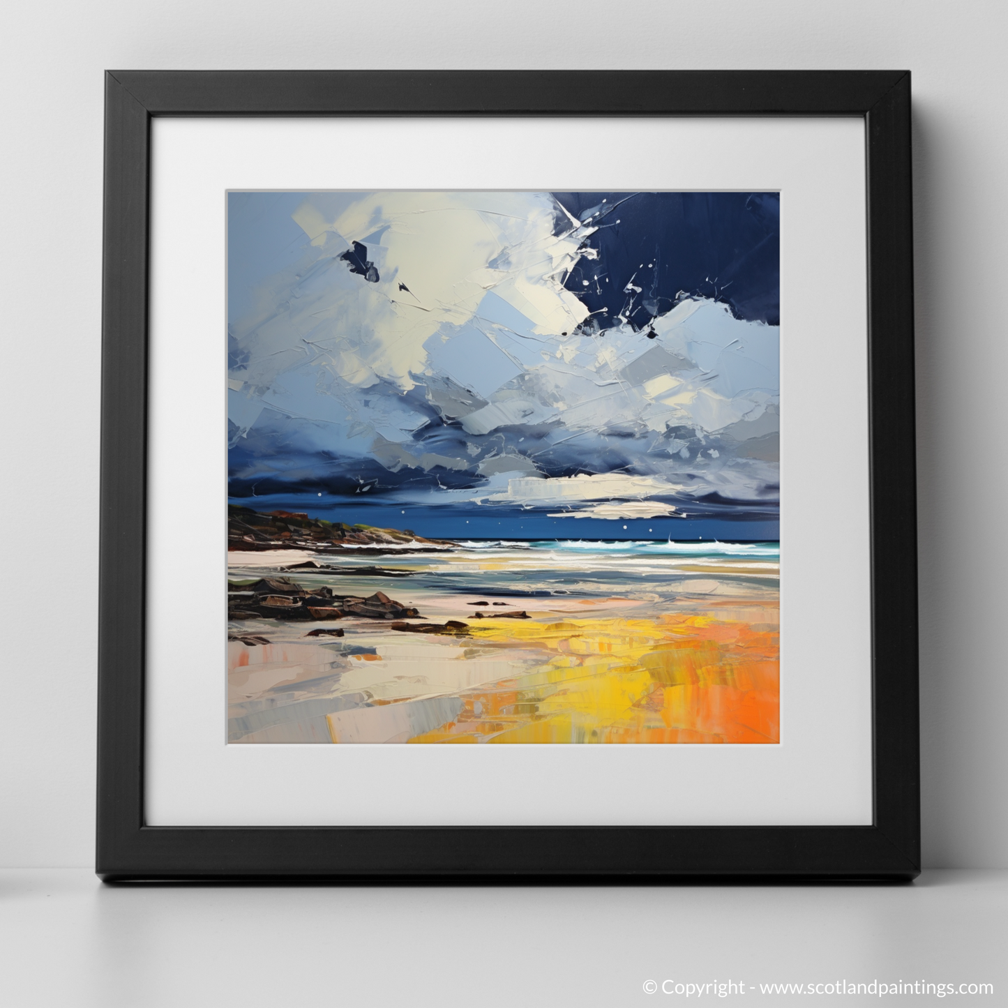 Art Print of West Sands with a stormy sky with a black frame