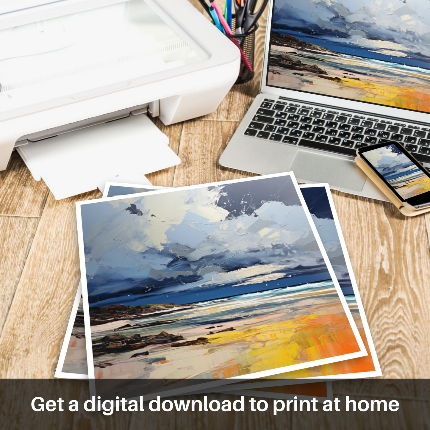 Downloadable and printable picture of West Sands with a stormy sky
