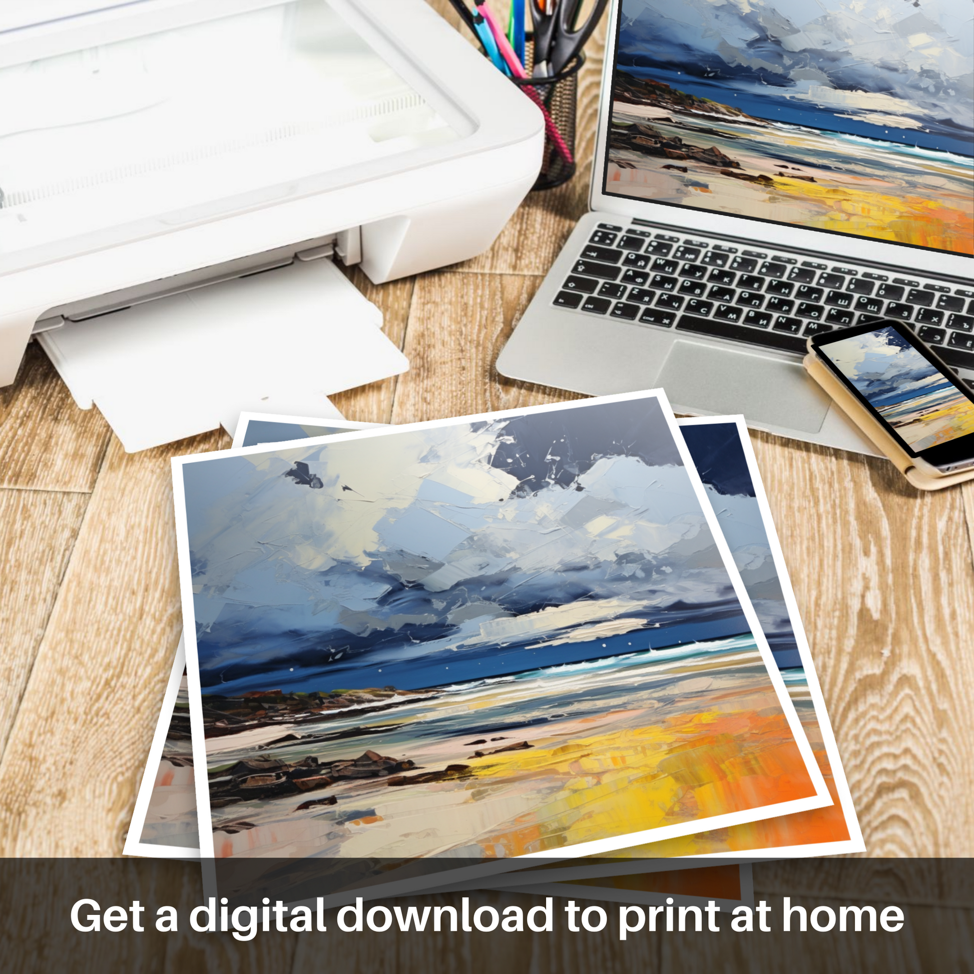 Downloadable and printable picture of West Sands with a stormy sky