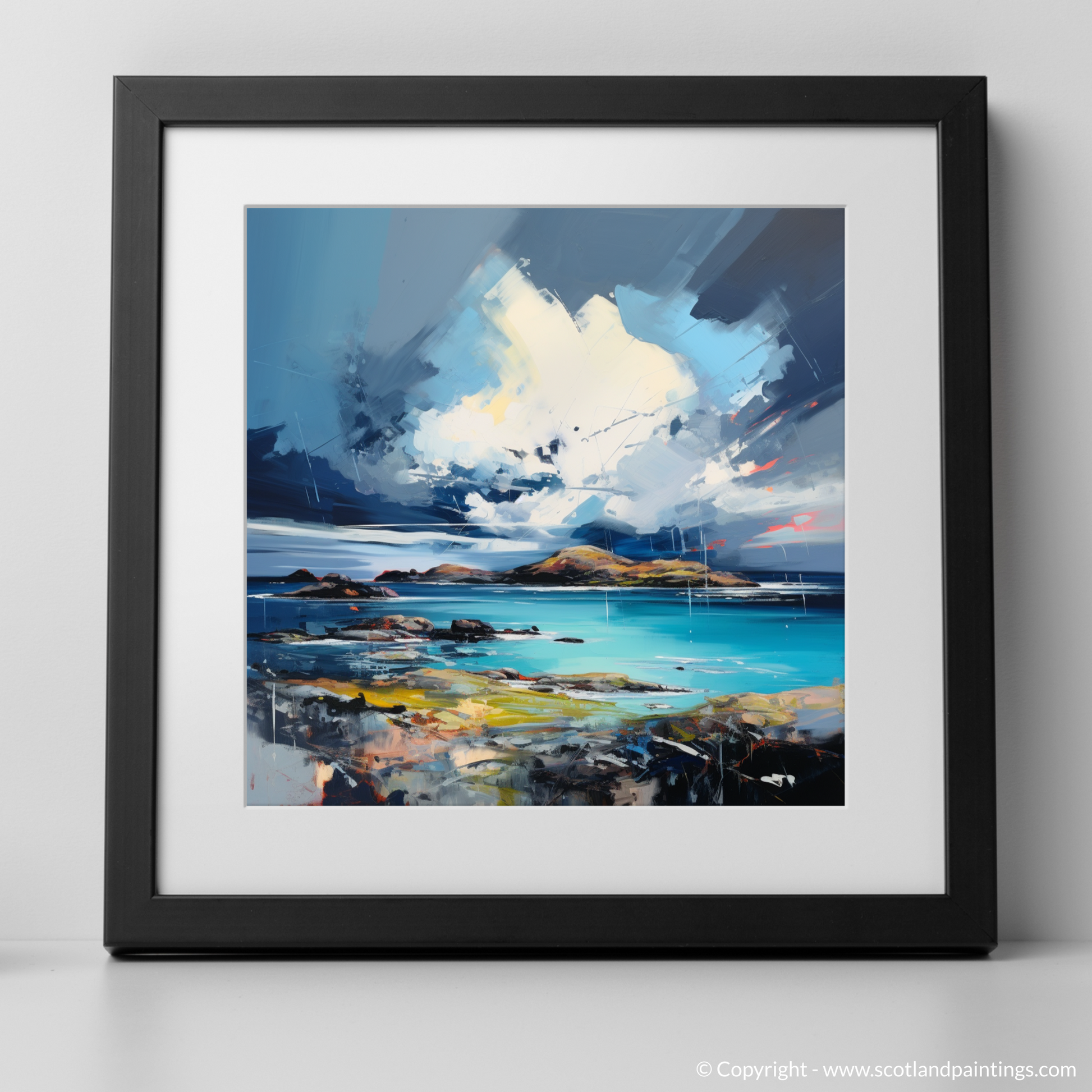 Art Print of Achmelvich Bay with a stormy sky with a black frame