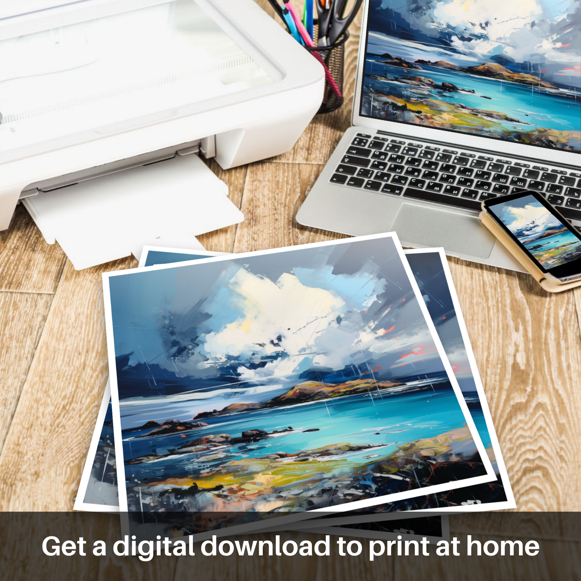 Downloadable and printable picture of Achmelvich Bay with a stormy sky