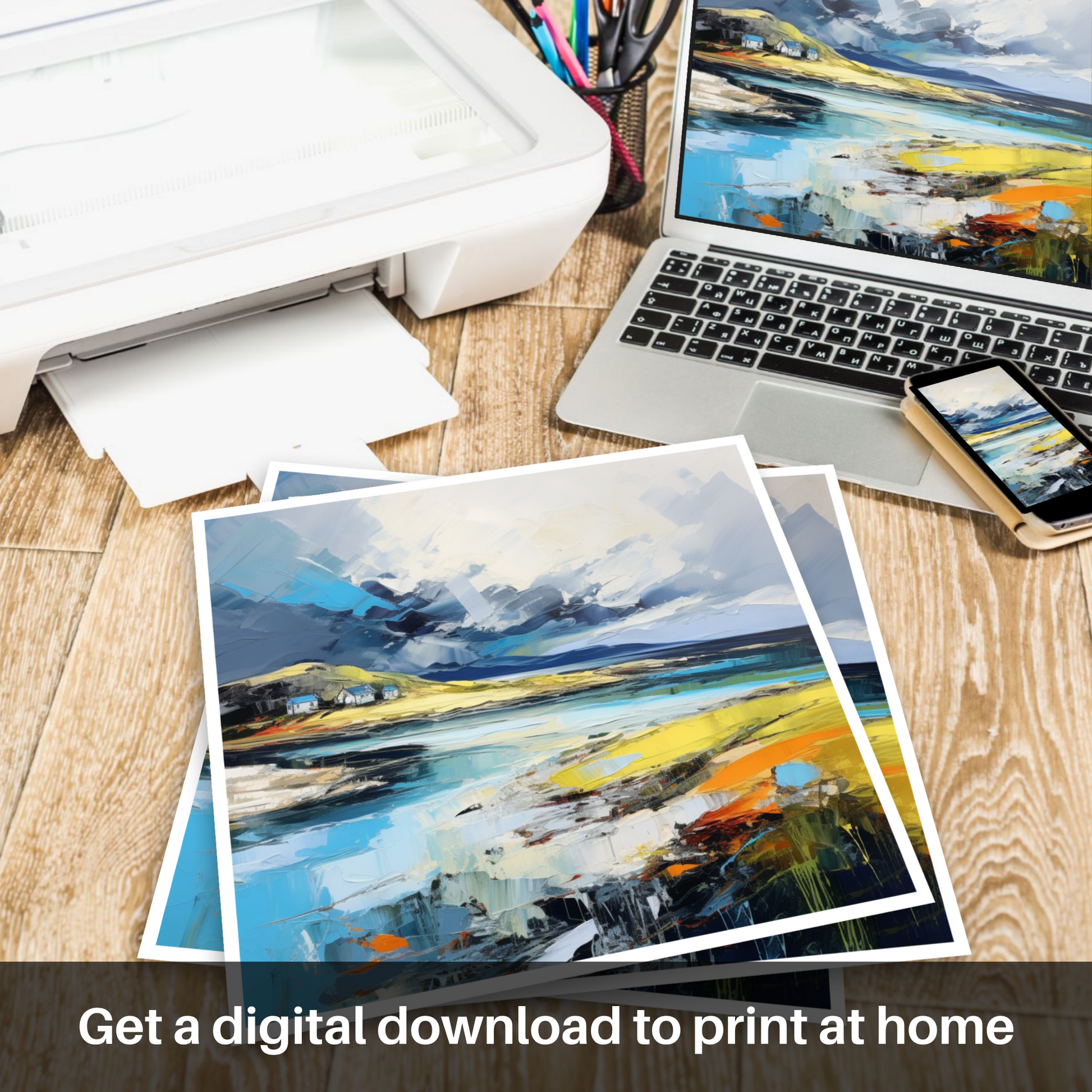 Downloadable and printable picture of Achmelvich Bay with a stormy sky