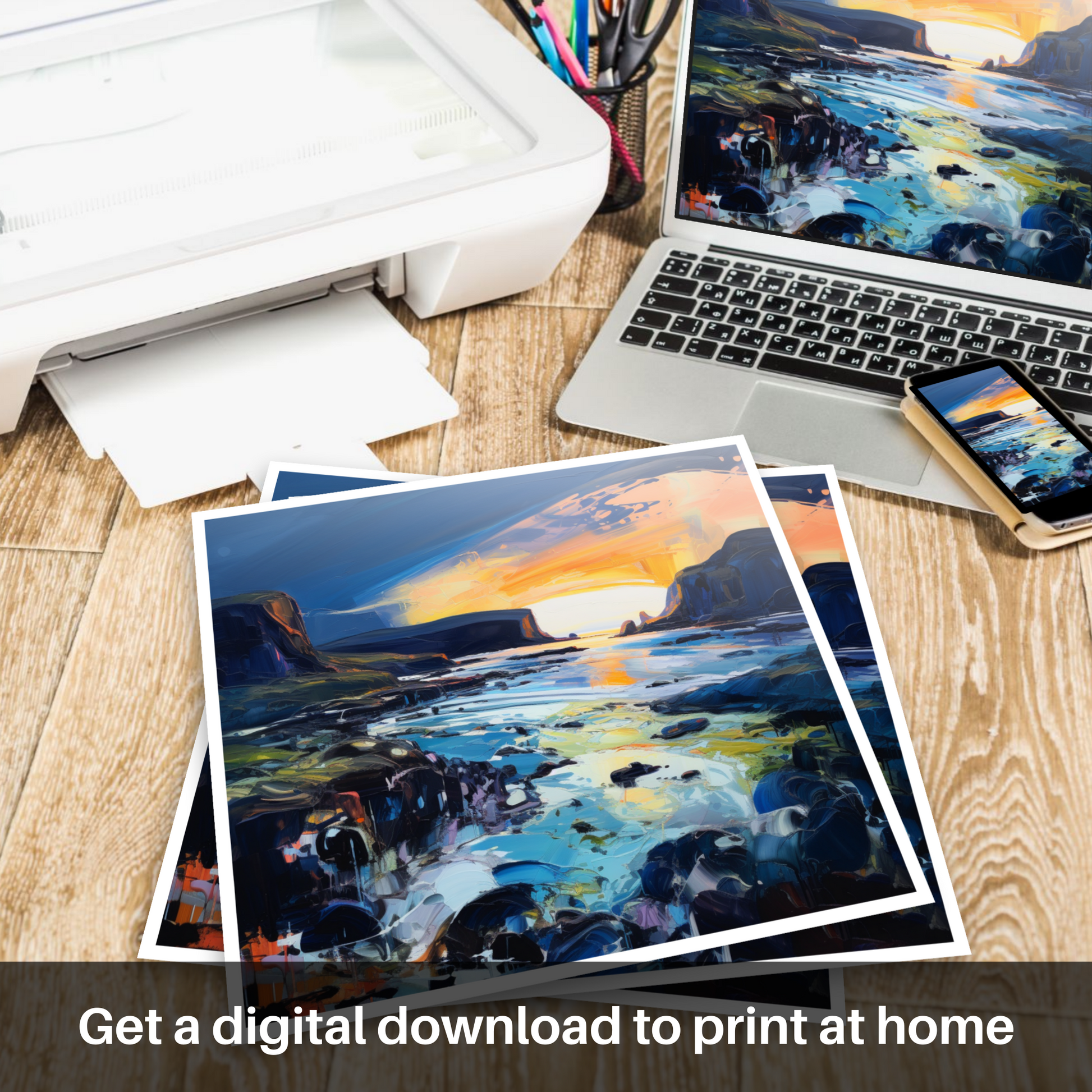 Downloadable and printable picture of Kiloran Bay at dusk