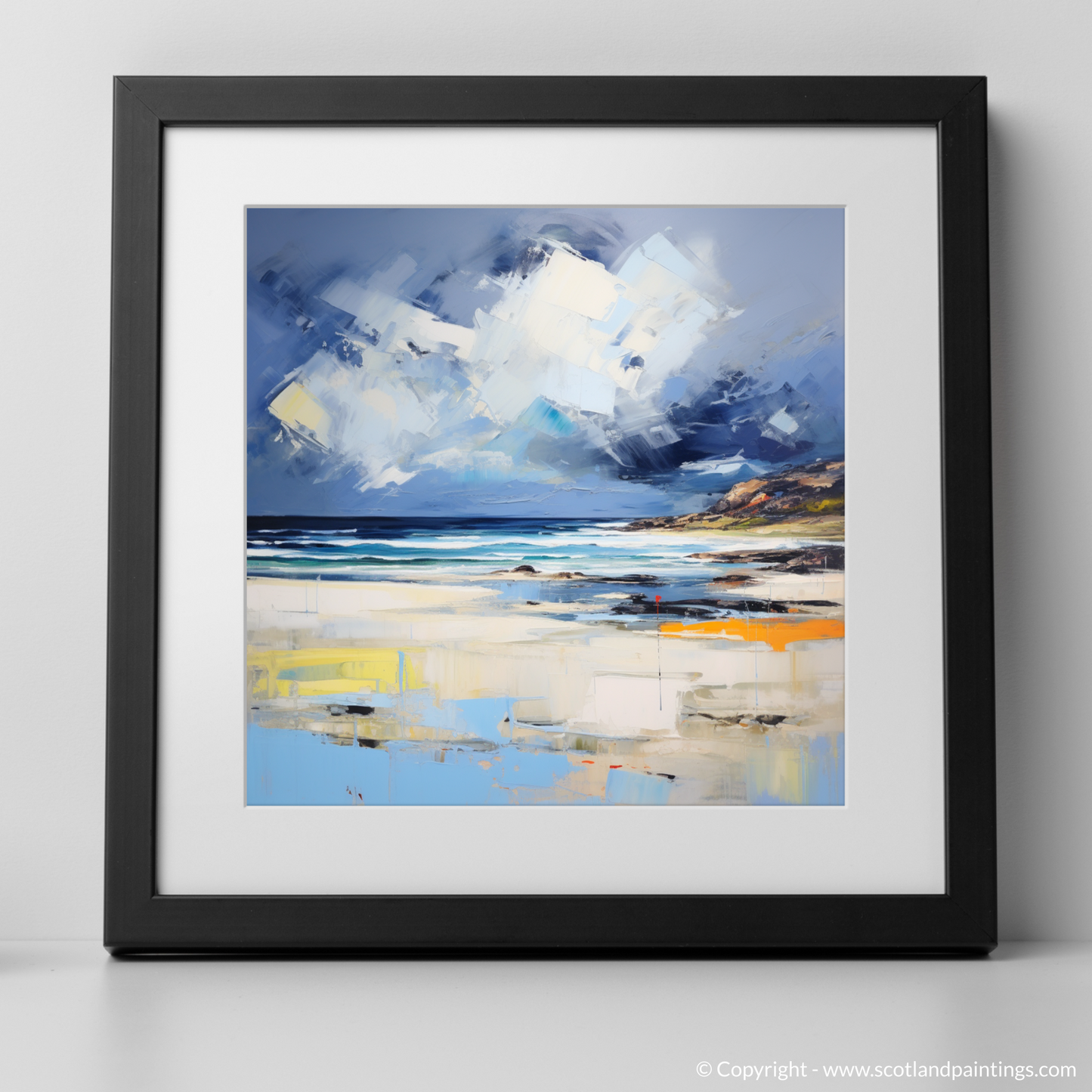 Art Print of Scarista Beach with a stormy sky with a black frame