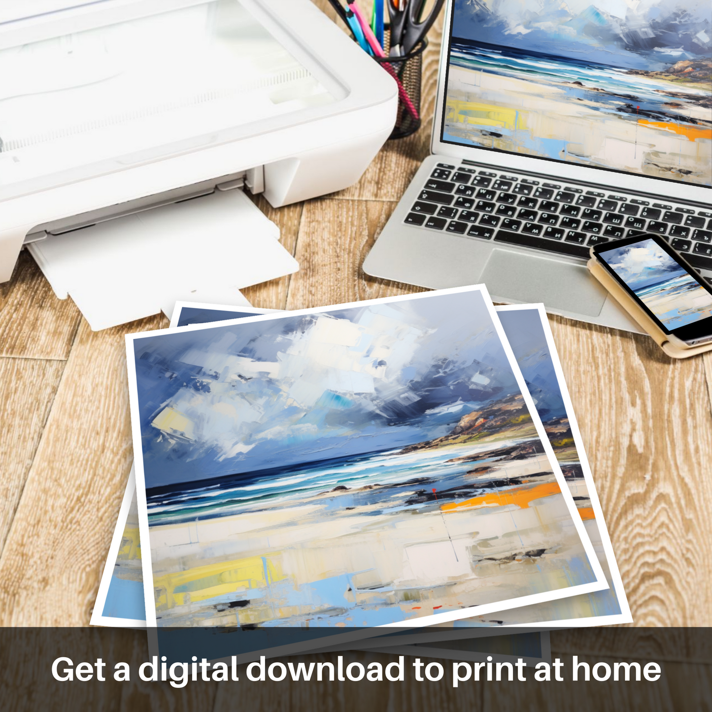 Downloadable and printable picture of Scarista Beach with a stormy sky