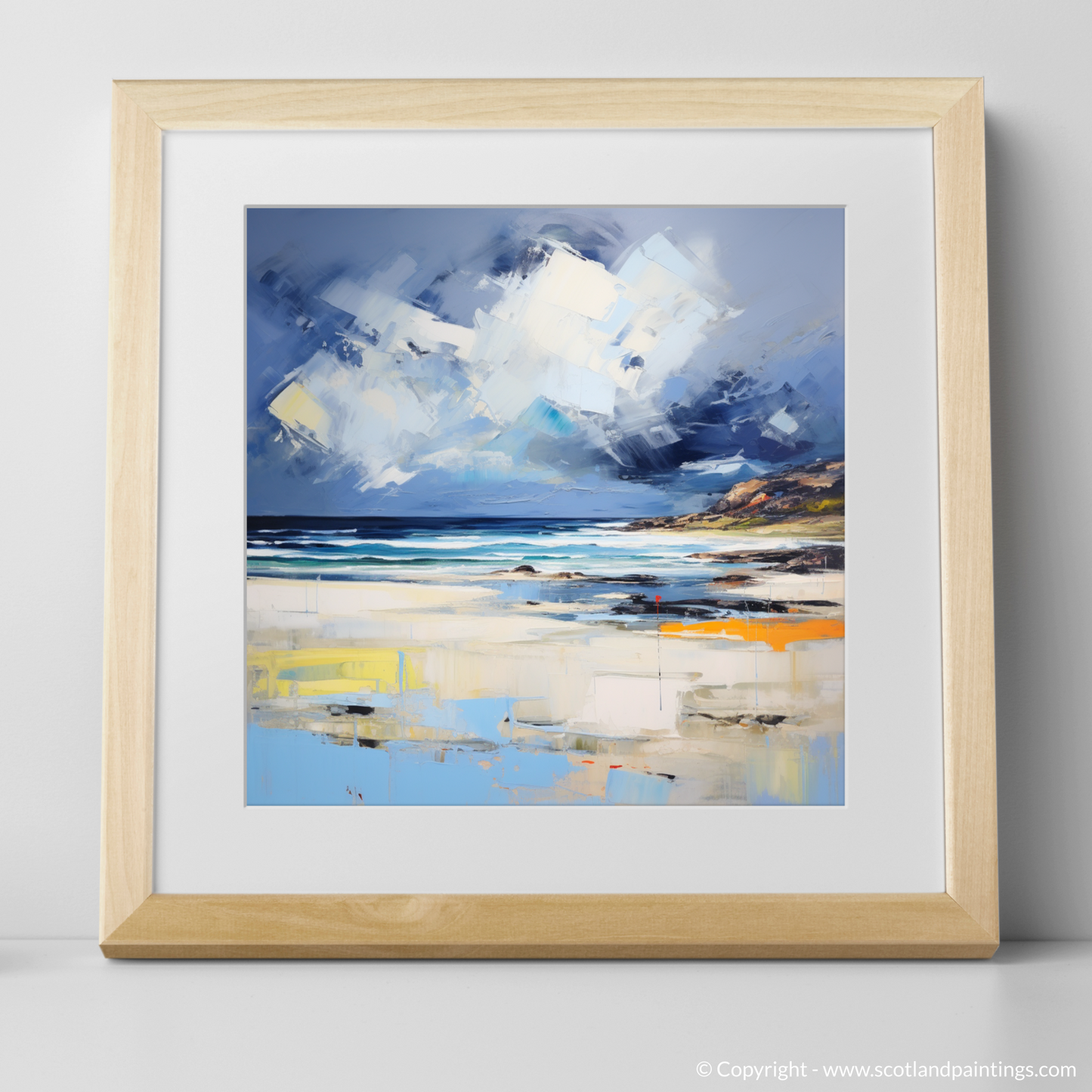 Art Print of Scarista Beach with a stormy sky with a natural frame