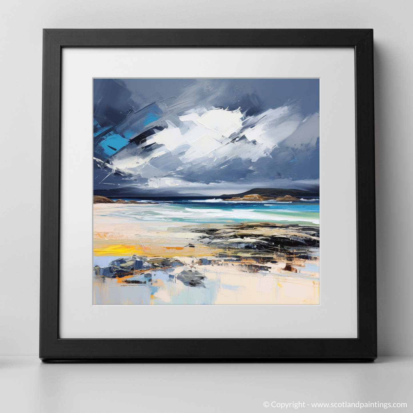 Art Print of Scarista Beach with a stormy sky with a black frame