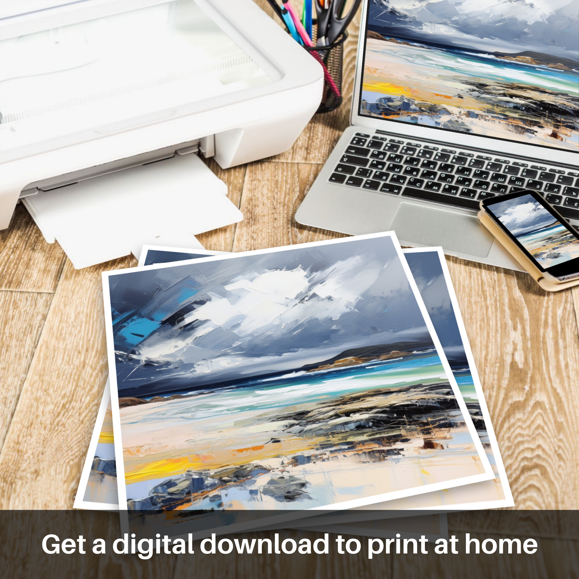 Downloadable and printable picture of Scarista Beach with a stormy sky