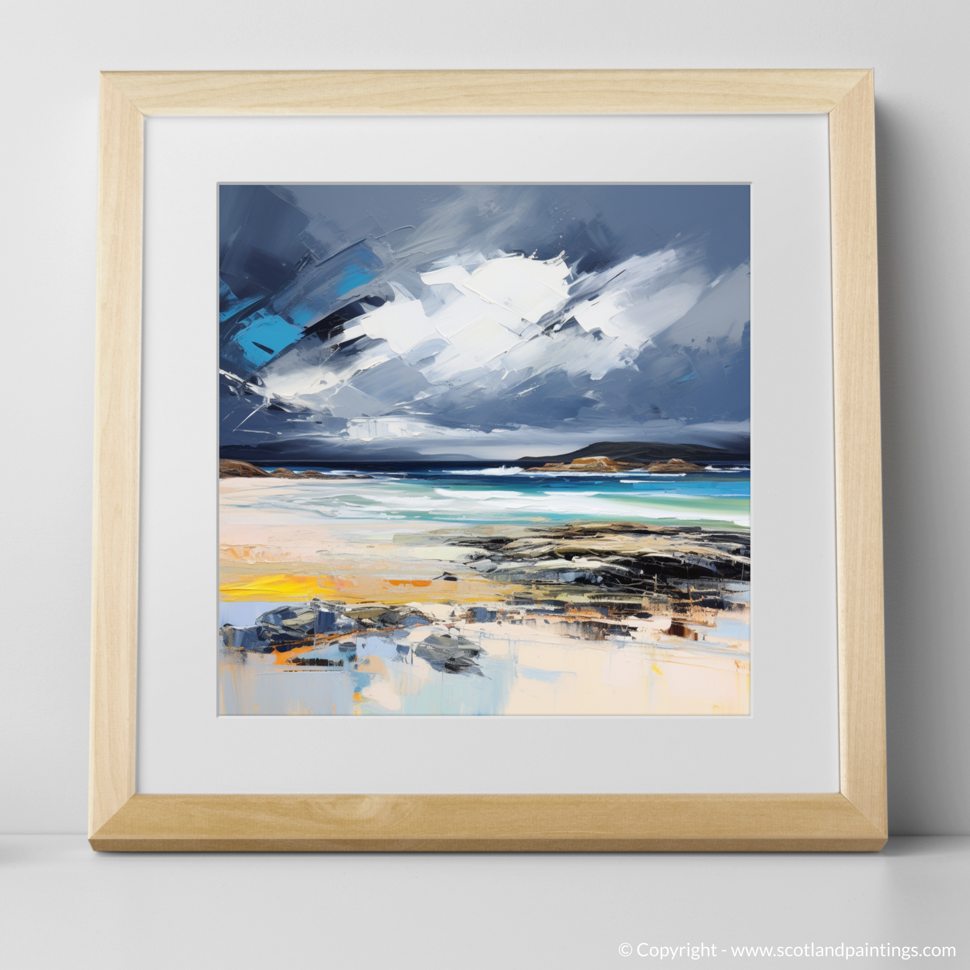 Art Print of Scarista Beach with a stormy sky with a natural frame