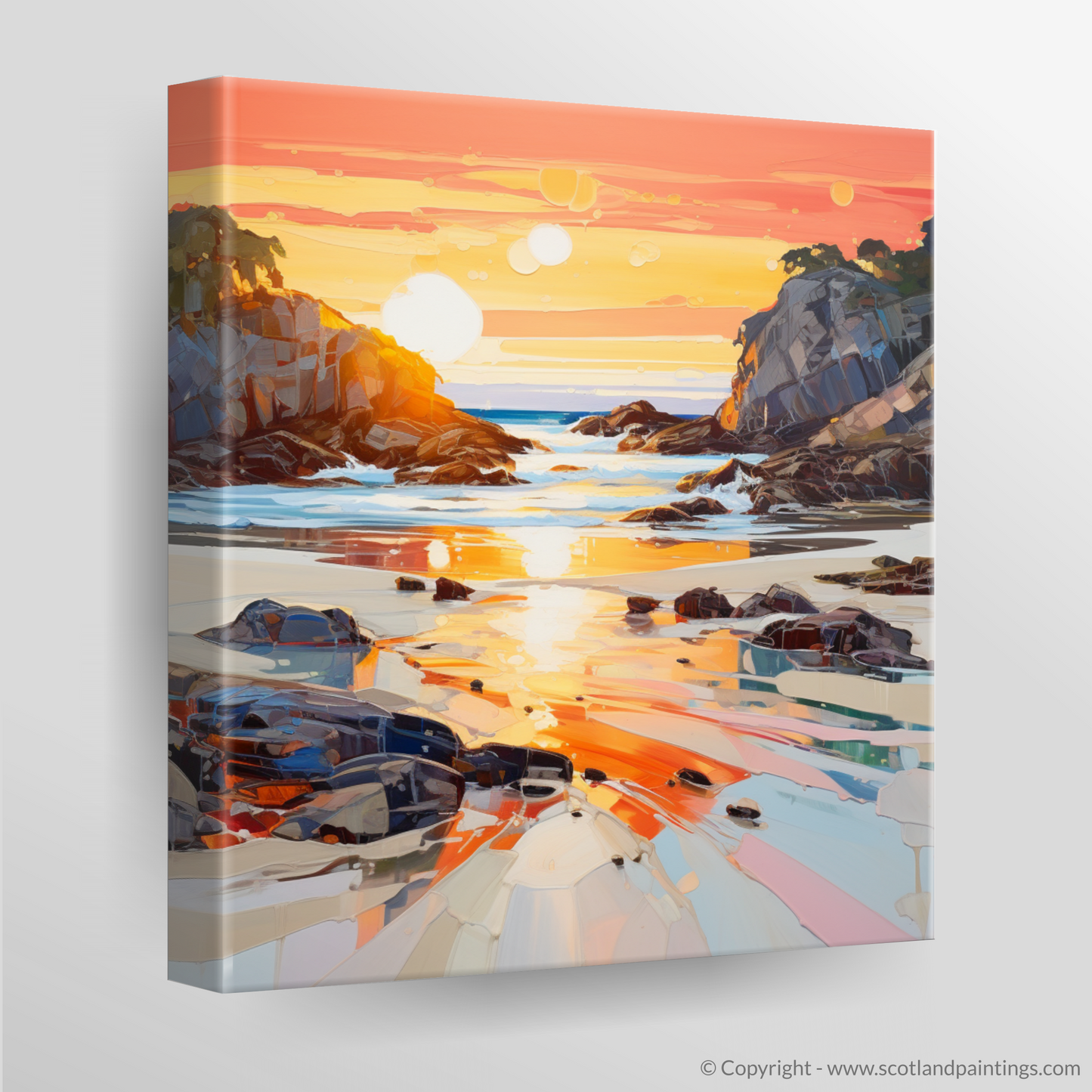 Painting and Art Print of Coral Beach at golden hour. Golden Hour at Coral Beach - An Expressionist Ode to Scotland's Shores.