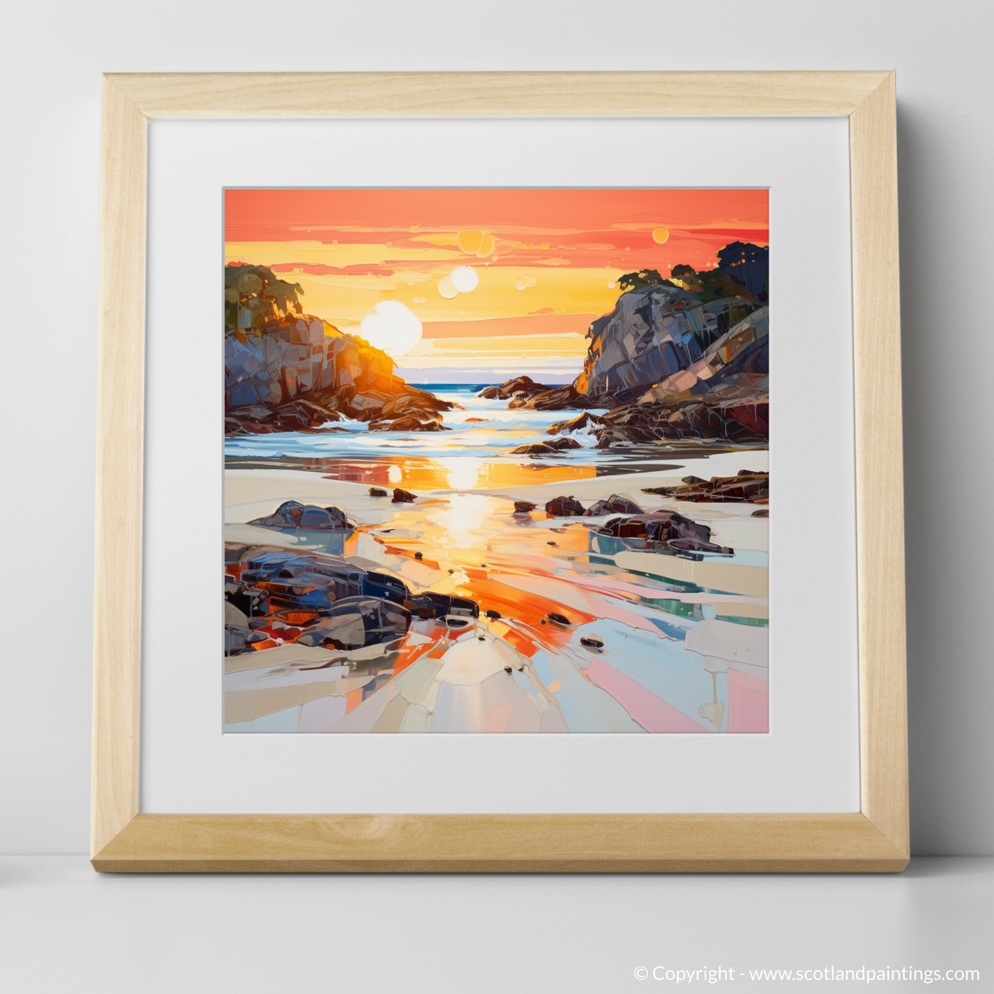 Painting and Art Print of Coral Beach at golden hour. Golden Hour at Coral Beach - An Expressionist Ode to Scotland's Shores.
