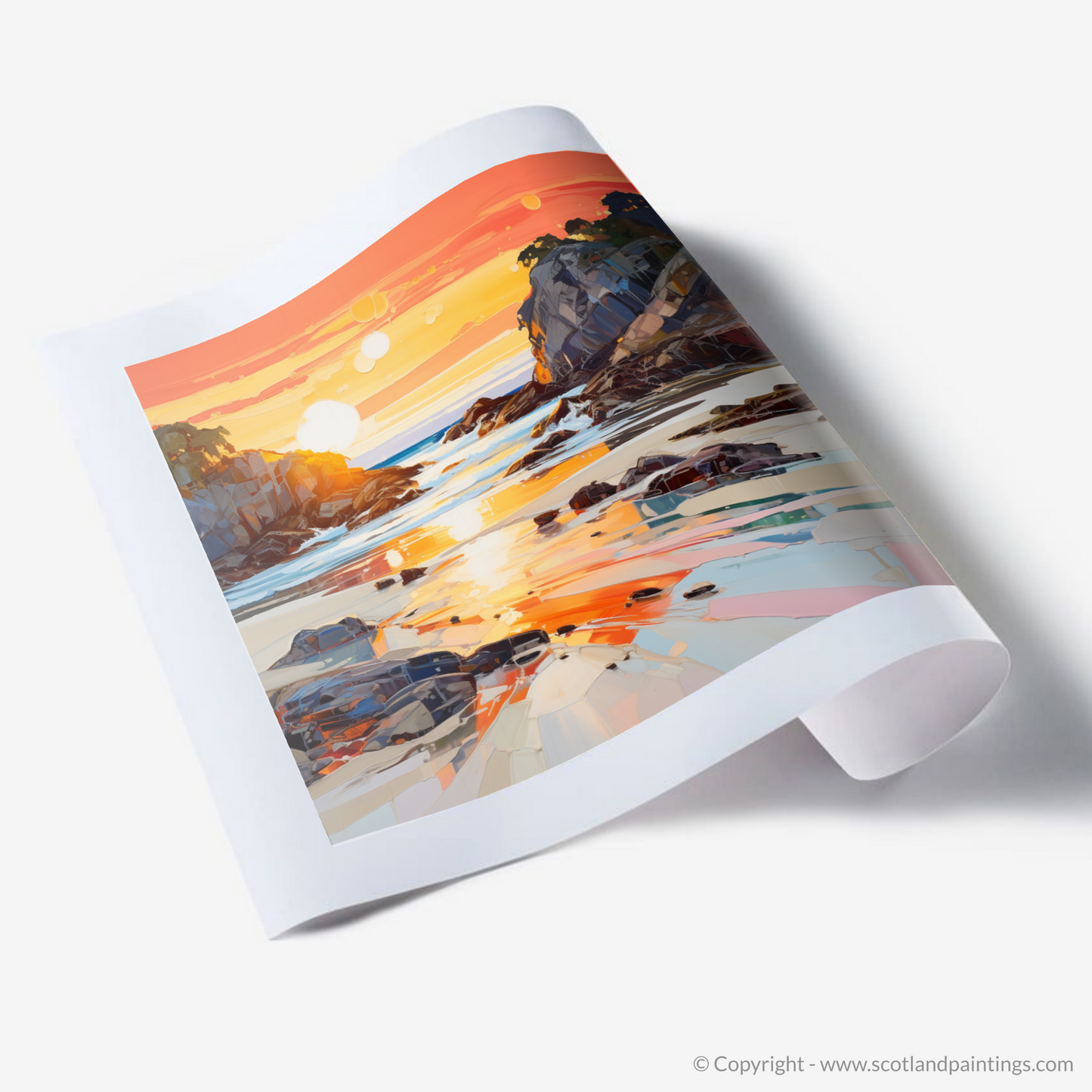Painting and Art Print of Coral Beach at golden hour. Golden Hour at Coral Beach - An Expressionist Ode to Scotland's Shores.