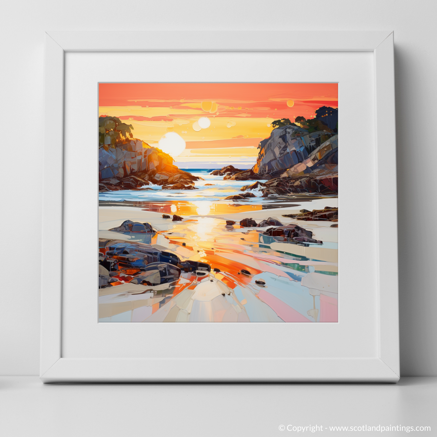 Painting and Art Print of Coral Beach at golden hour. Golden Hour at Coral Beach - An Expressionist Ode to Scotland's Shores.