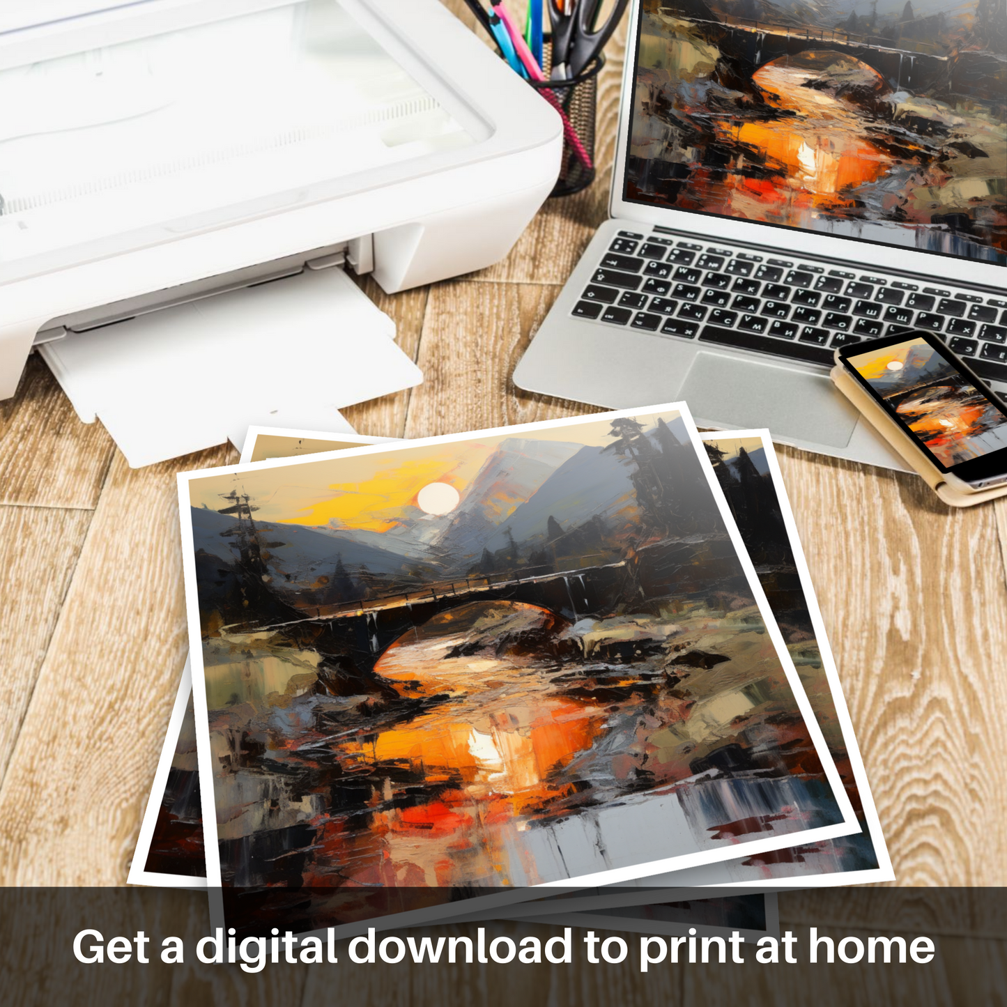 Downloadable and printable picture of Rustic bridge at twilight in Glencoe