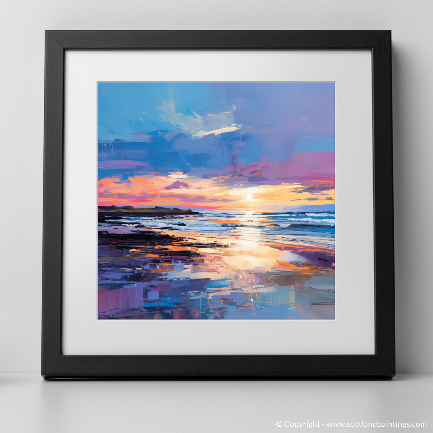 Art Print of Balmedie Beach at dusk with a black frame