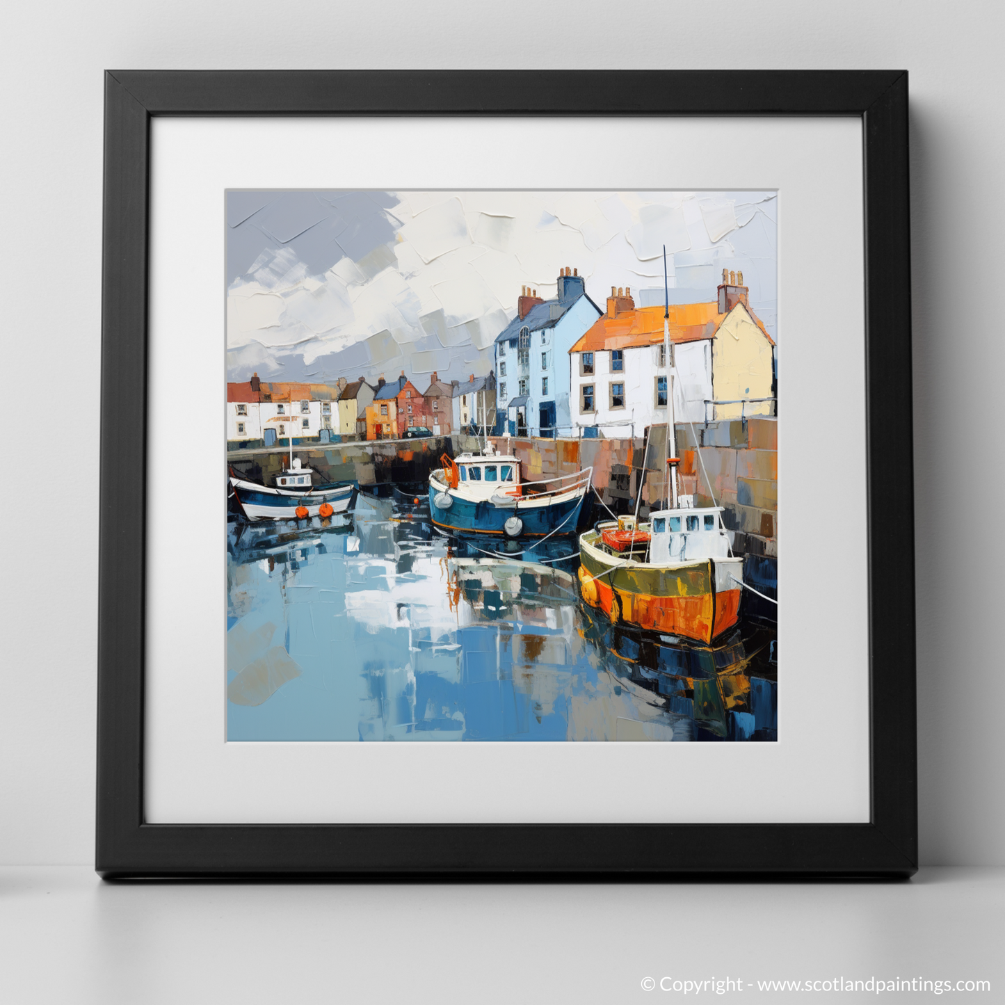 Painting and Art Print of St Monans Harbour with a stormy sky. Storm Over St Monans: An Expressionist Ode to Scottish Harbours.