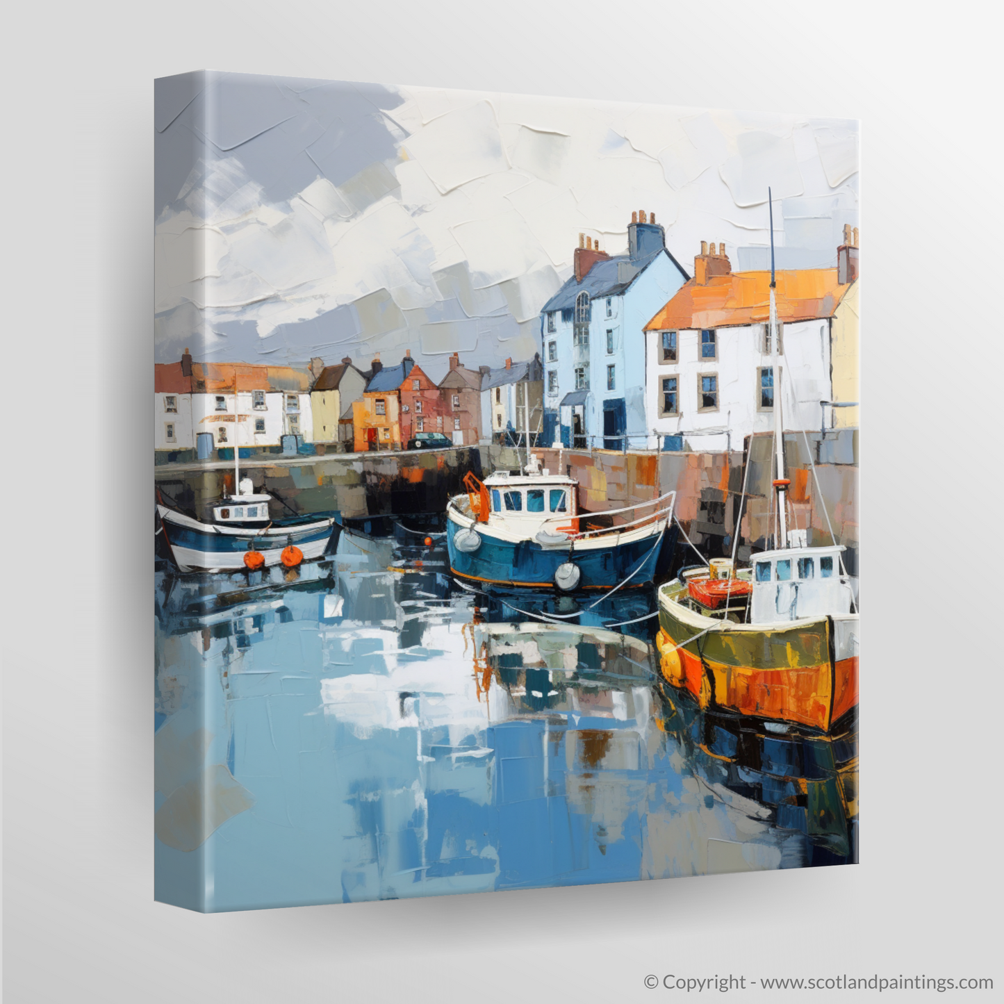 Painting and Art Print of St Monans Harbour with a stormy sky. Storm Over St Monans: An Expressionist Ode to Scottish Harbours.