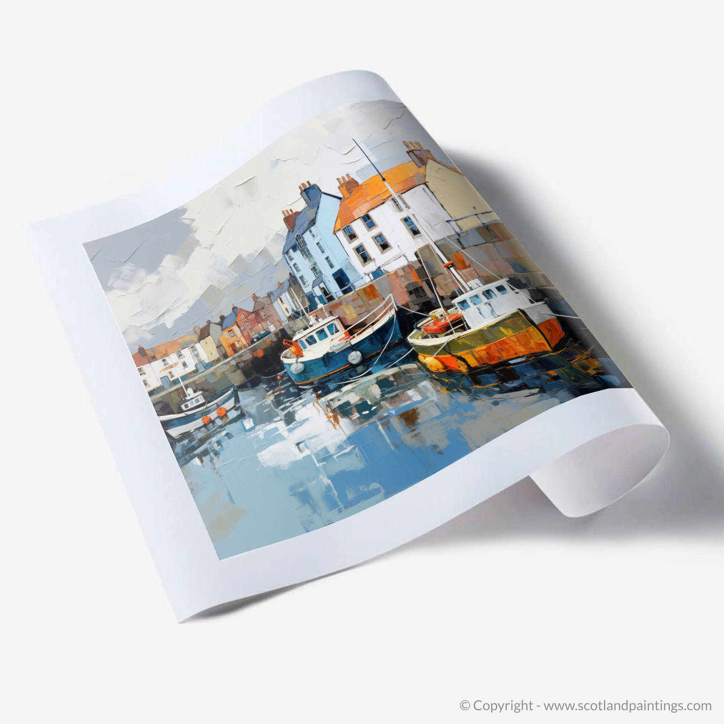 Painting and Art Print of St Monans Harbour with a stormy sky. Storm Over St Monans: An Expressionist Ode to Scottish Harbours.