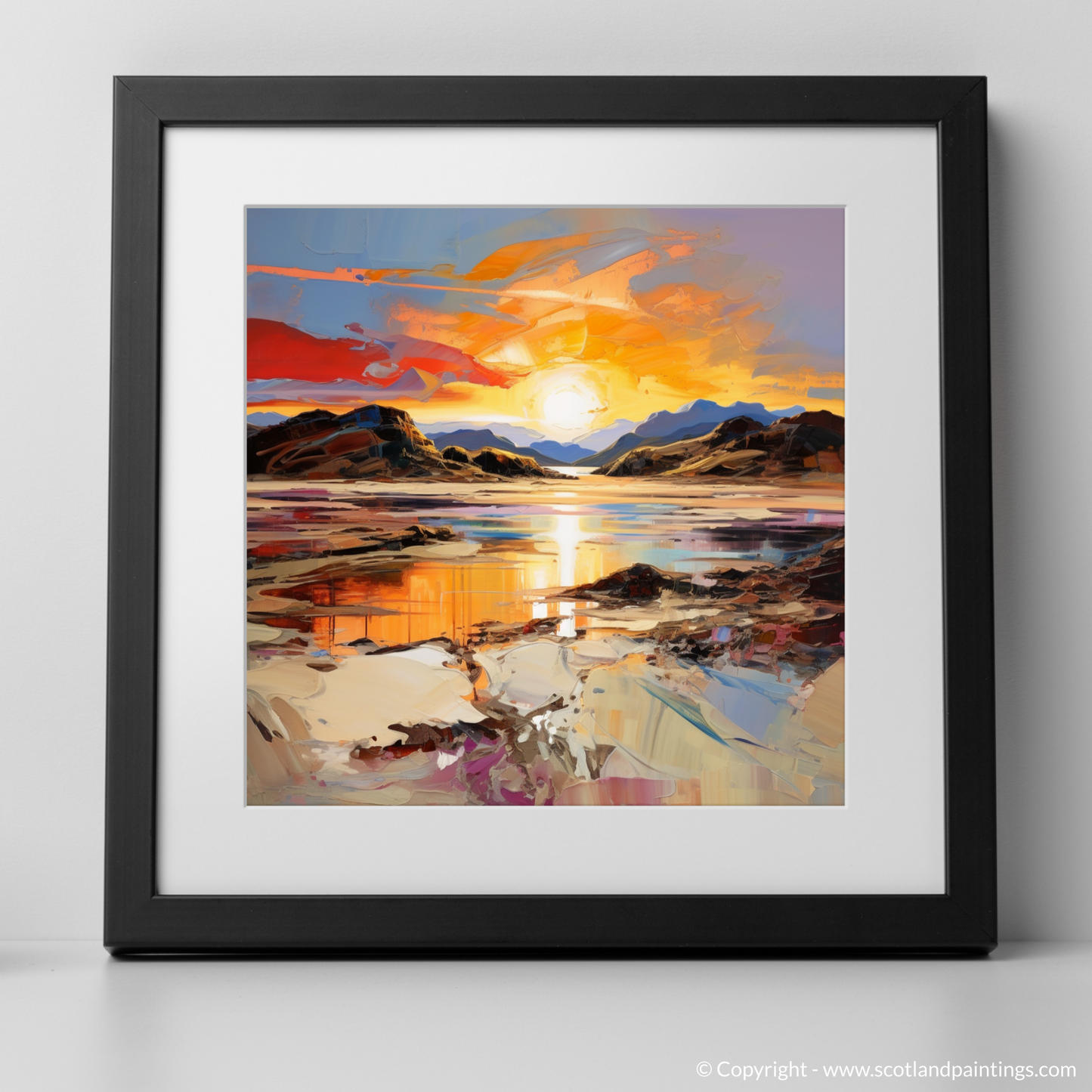 Art Print of Silver Sands of Morar at sunset with a black frame
