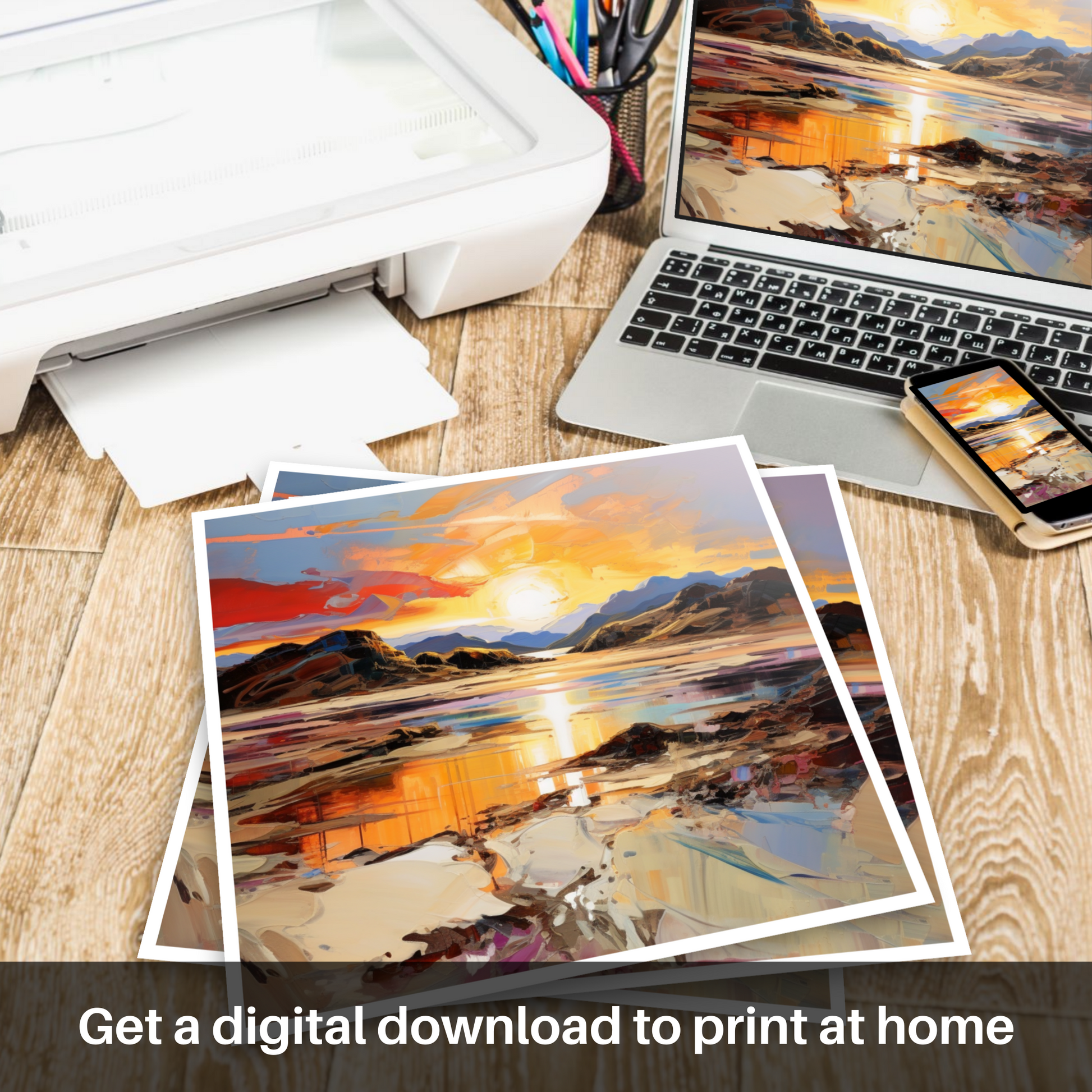Downloadable and printable picture of Silver Sands of Morar at sunset