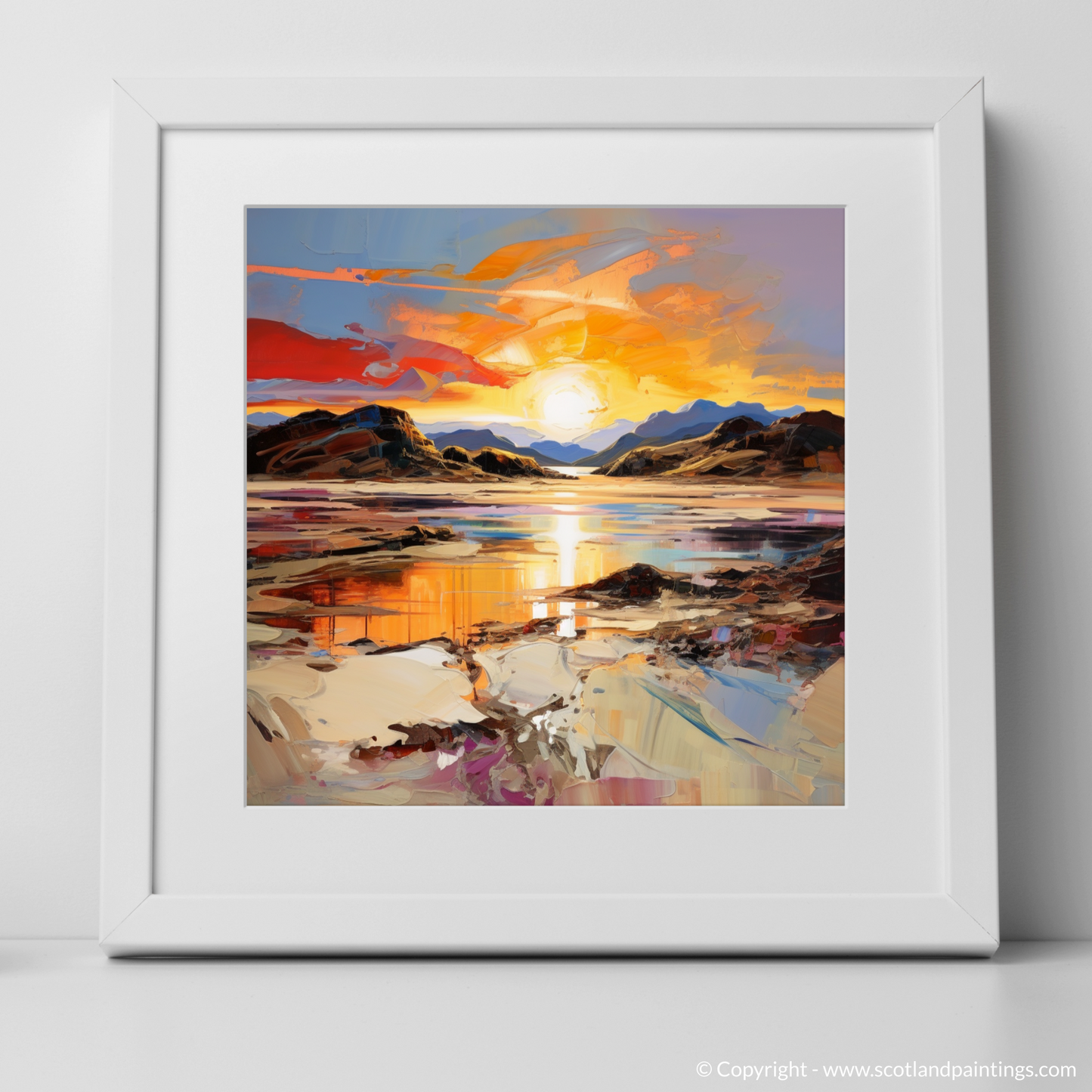 Art Print of Silver Sands of Morar at sunset with a white frame