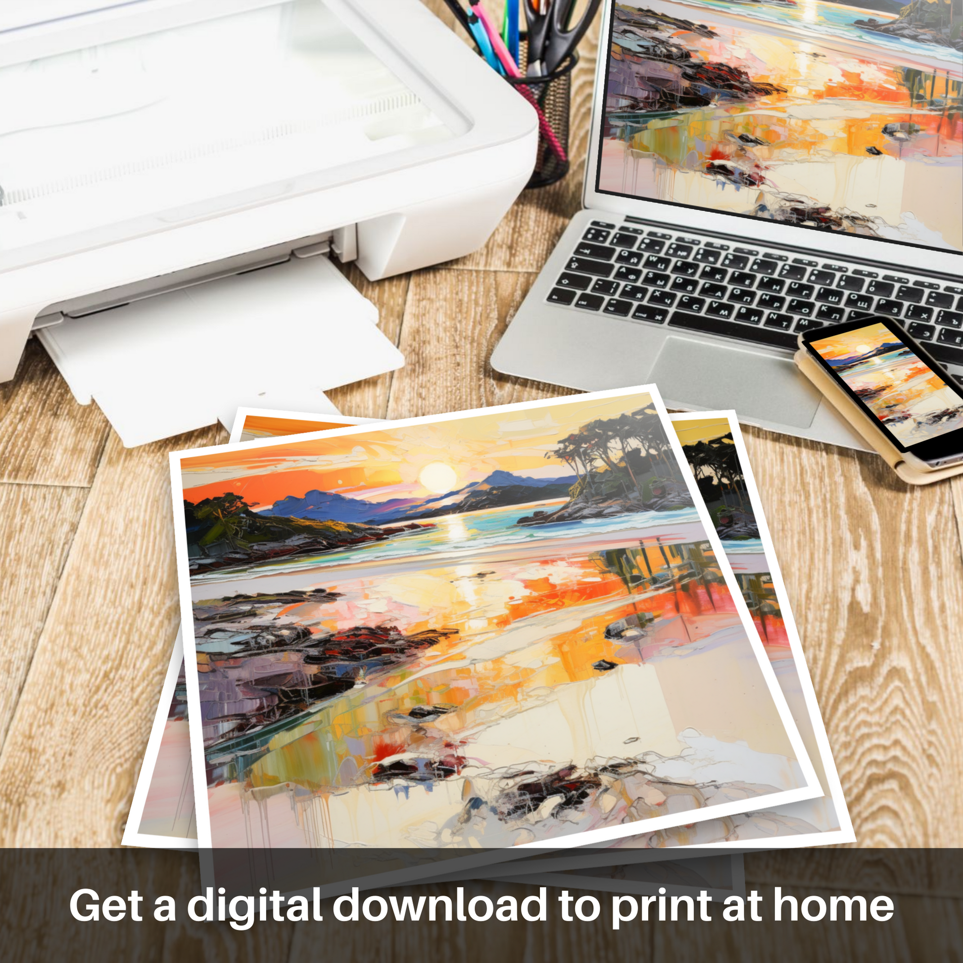 Downloadable and printable picture of Silver Sands of Morar at sunset