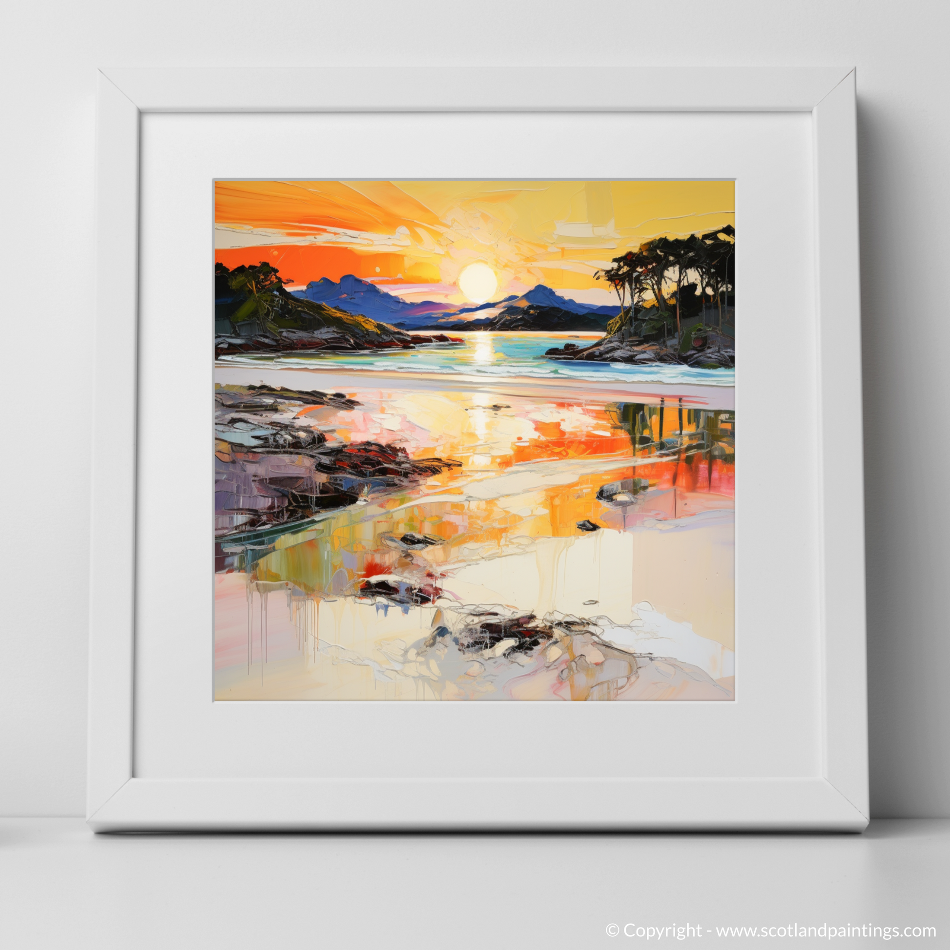 Art Print of Silver Sands of Morar at sunset with a white frame