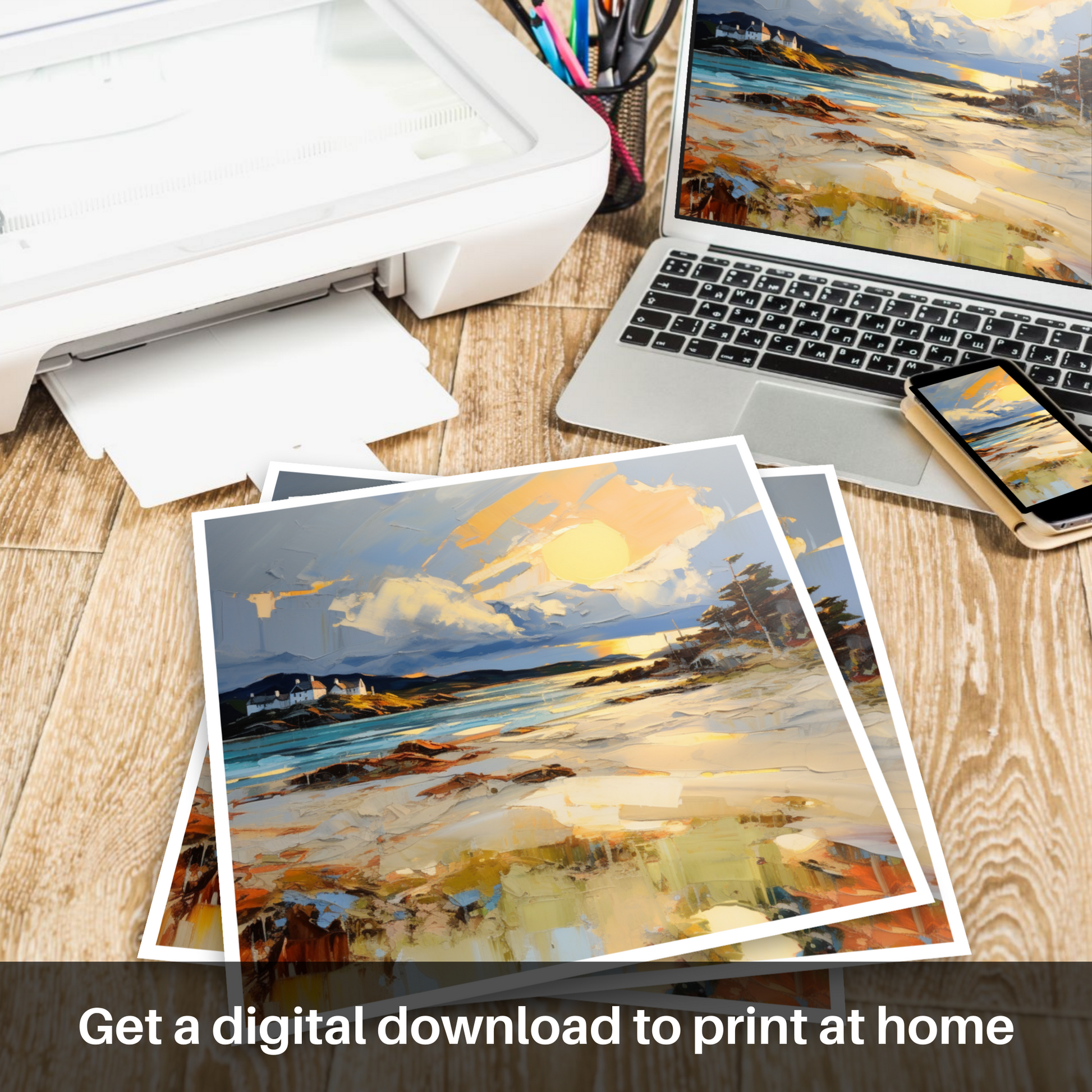 Downloadable and printable picture of Camusdarach Beach at golden hour
