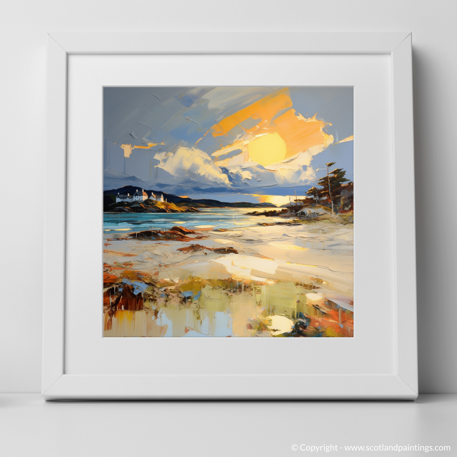 Art Print of Camusdarach Beach at golden hour with a white frame