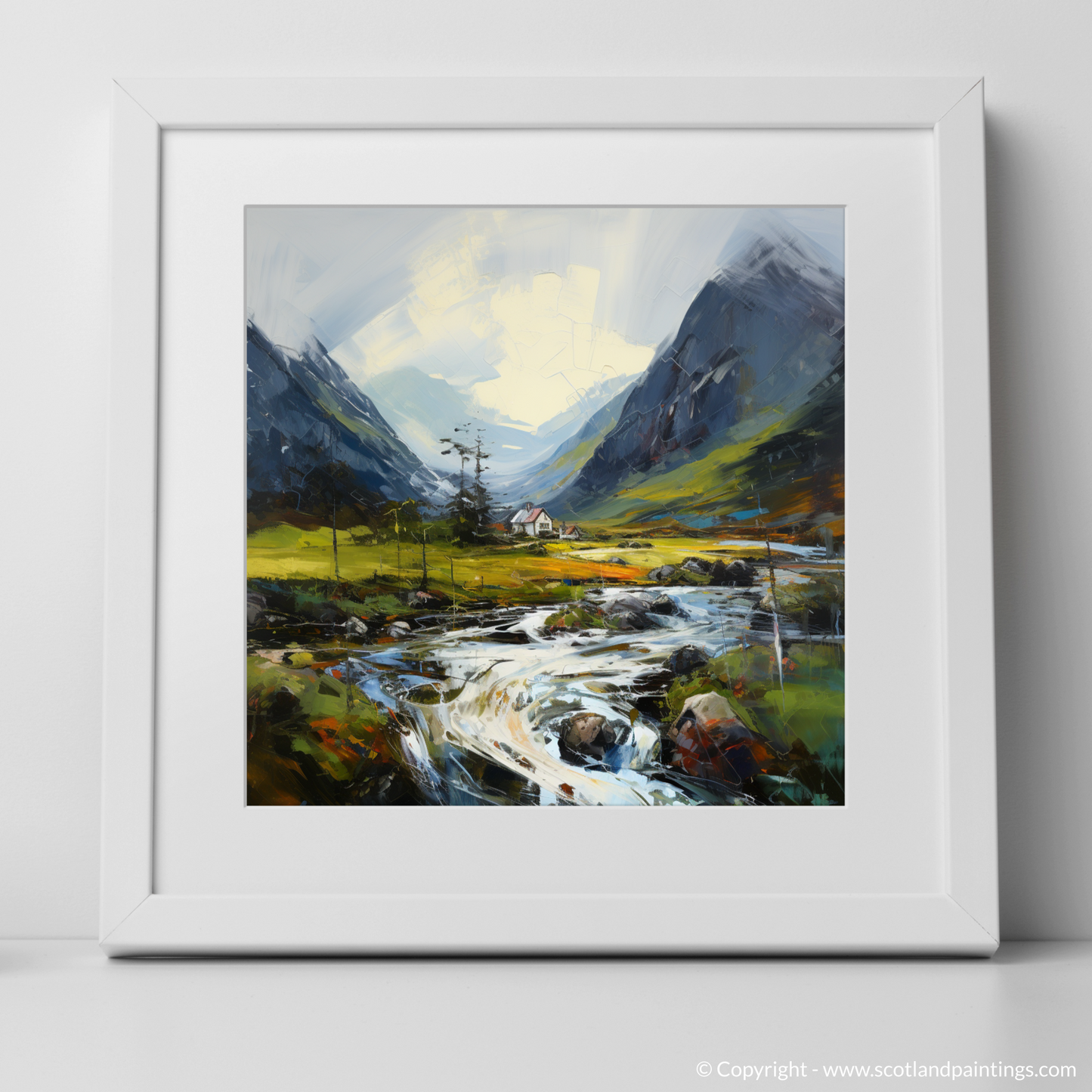 Art Print of Morning dew in Glencoe with a white frame