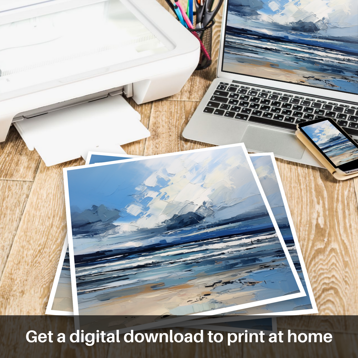 Downloadable and printable picture of Gullane Beach with a stormy sky