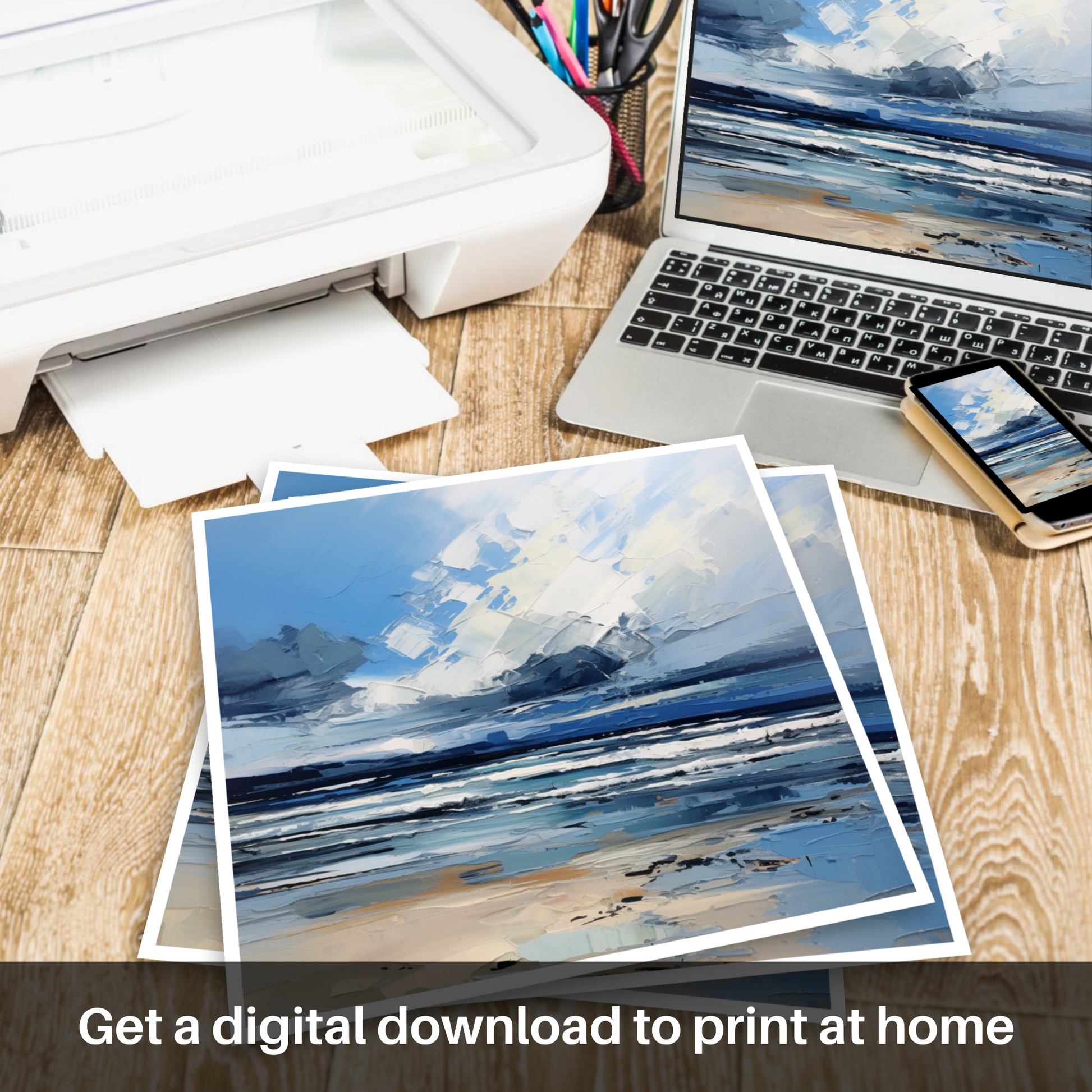 Downloadable and printable picture of Gullane Beach with a stormy sky