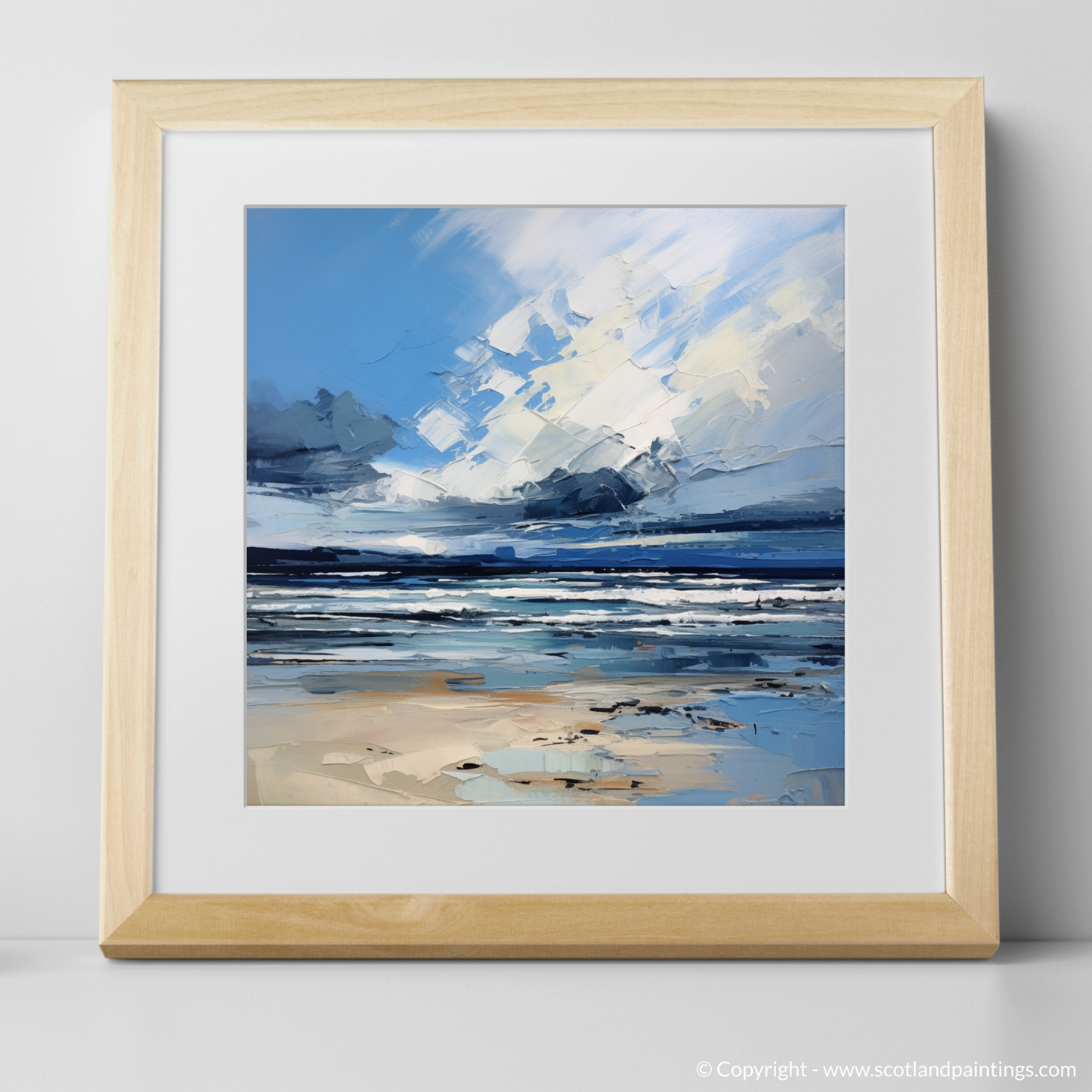 Art Print of Gullane Beach with a stormy sky with a natural frame