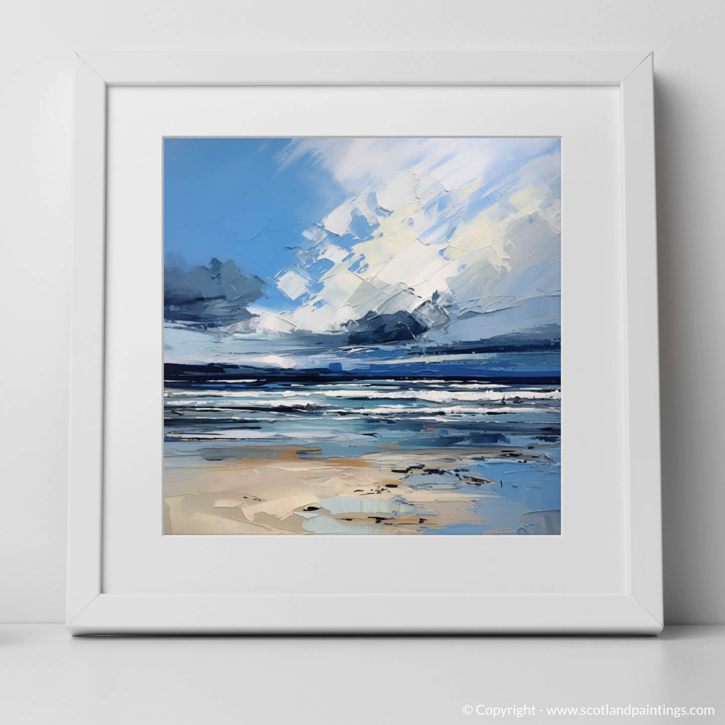Art Print of Gullane Beach with a stormy sky with a white frame