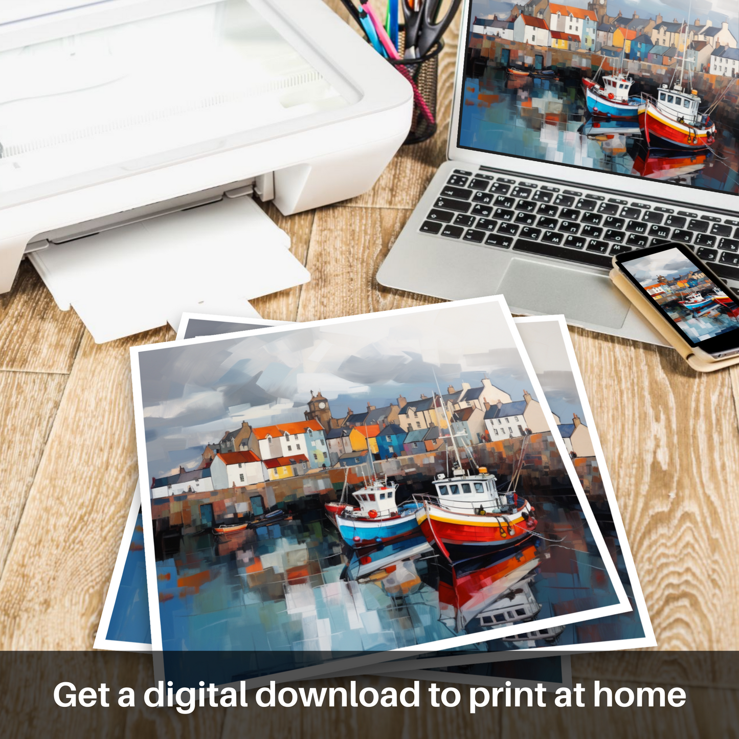 Downloadable and printable picture of Pittenweem Harbour with a stormy sky