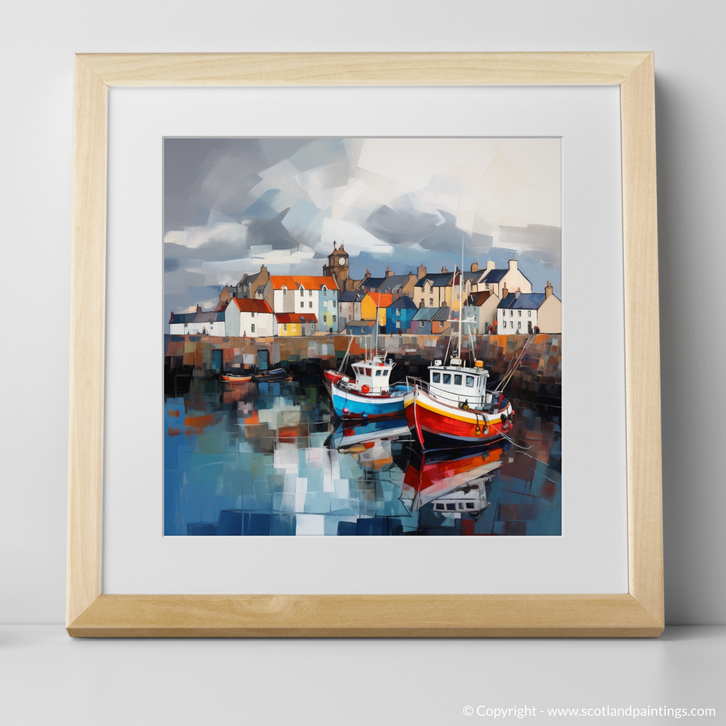 Art Print of Pittenweem Harbour with a stormy sky with a natural frame