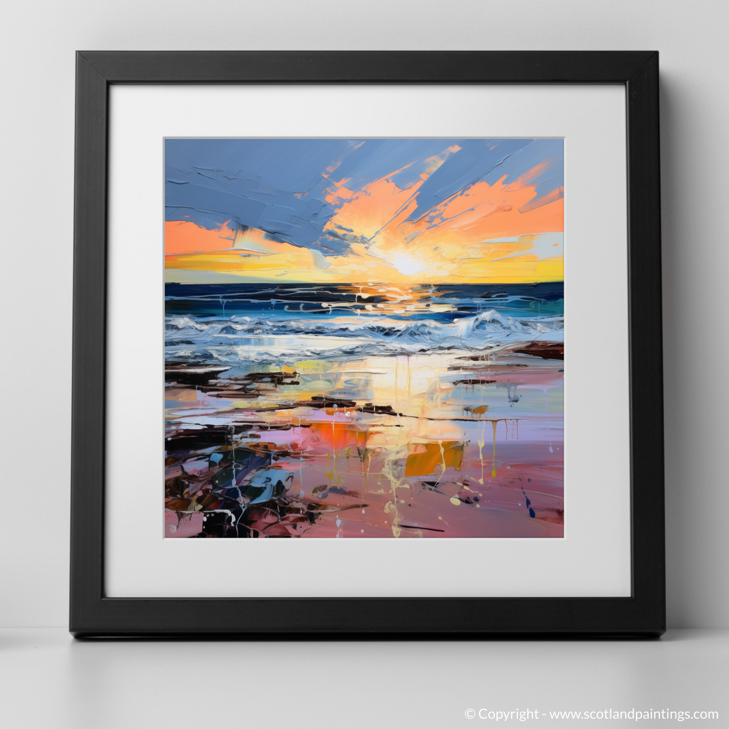 Art Print of Gullane Beach at sunset with a black frame