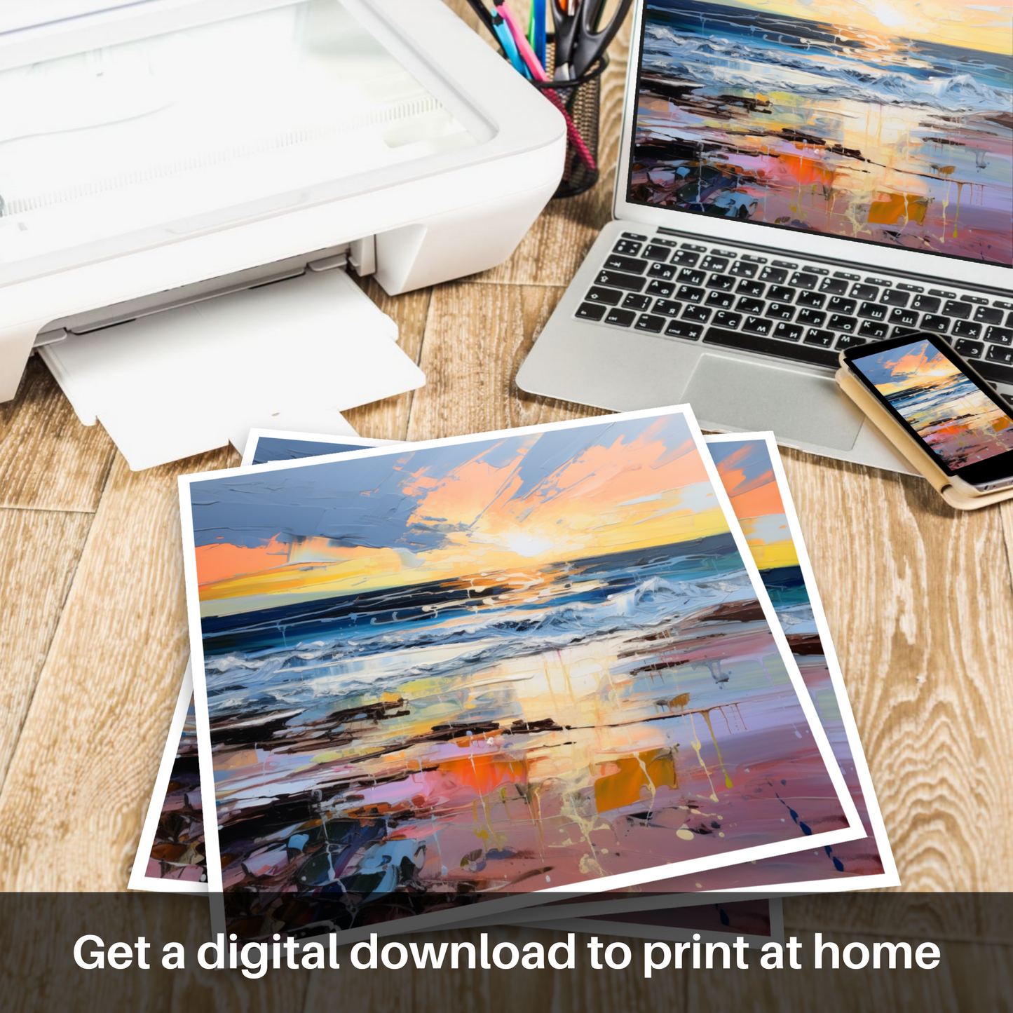 Downloadable and printable picture of Gullane Beach at sunset