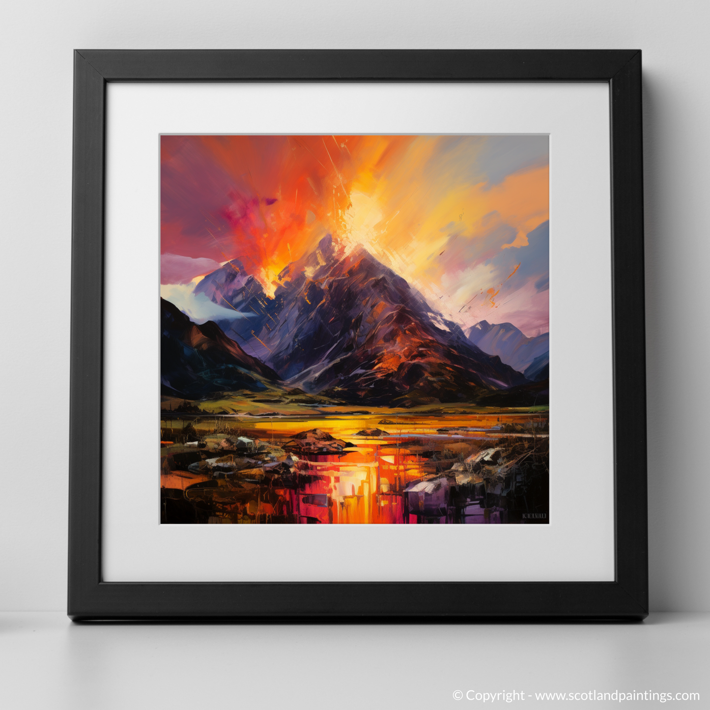 Art Print of Fiery sky over peaks in Glencoe with a black frame