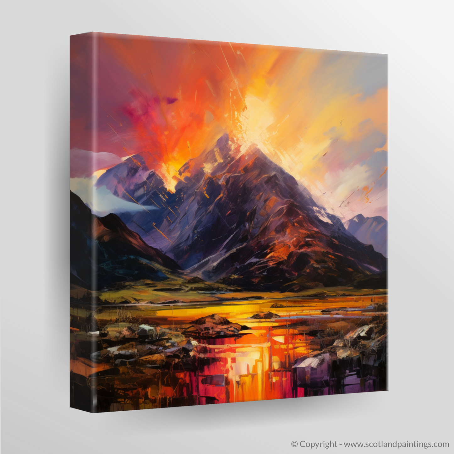 Canvas Print of Fiery sky over peaks in Glencoe