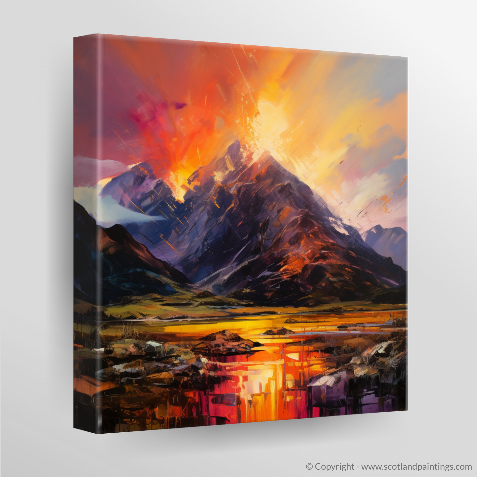 Canvas Print of Fiery sky over peaks in Glencoe