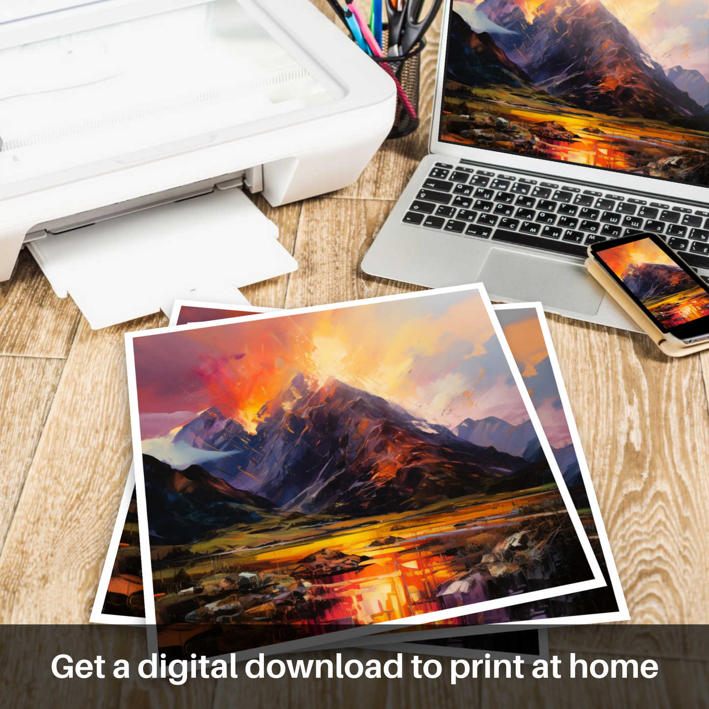 Downloadable and printable picture of Fiery sky over peaks in Glencoe