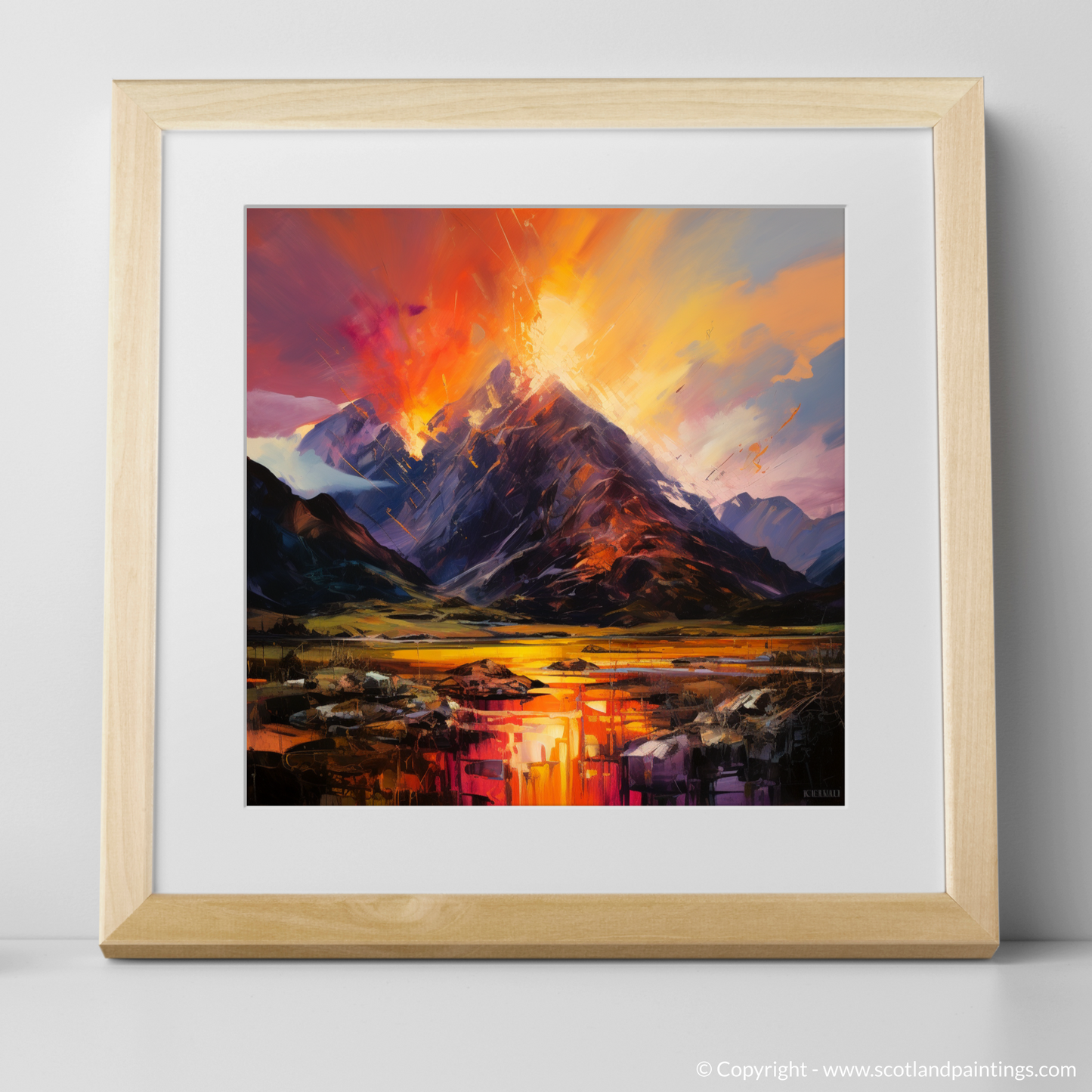 Art Print of Fiery sky over peaks in Glencoe with a natural frame