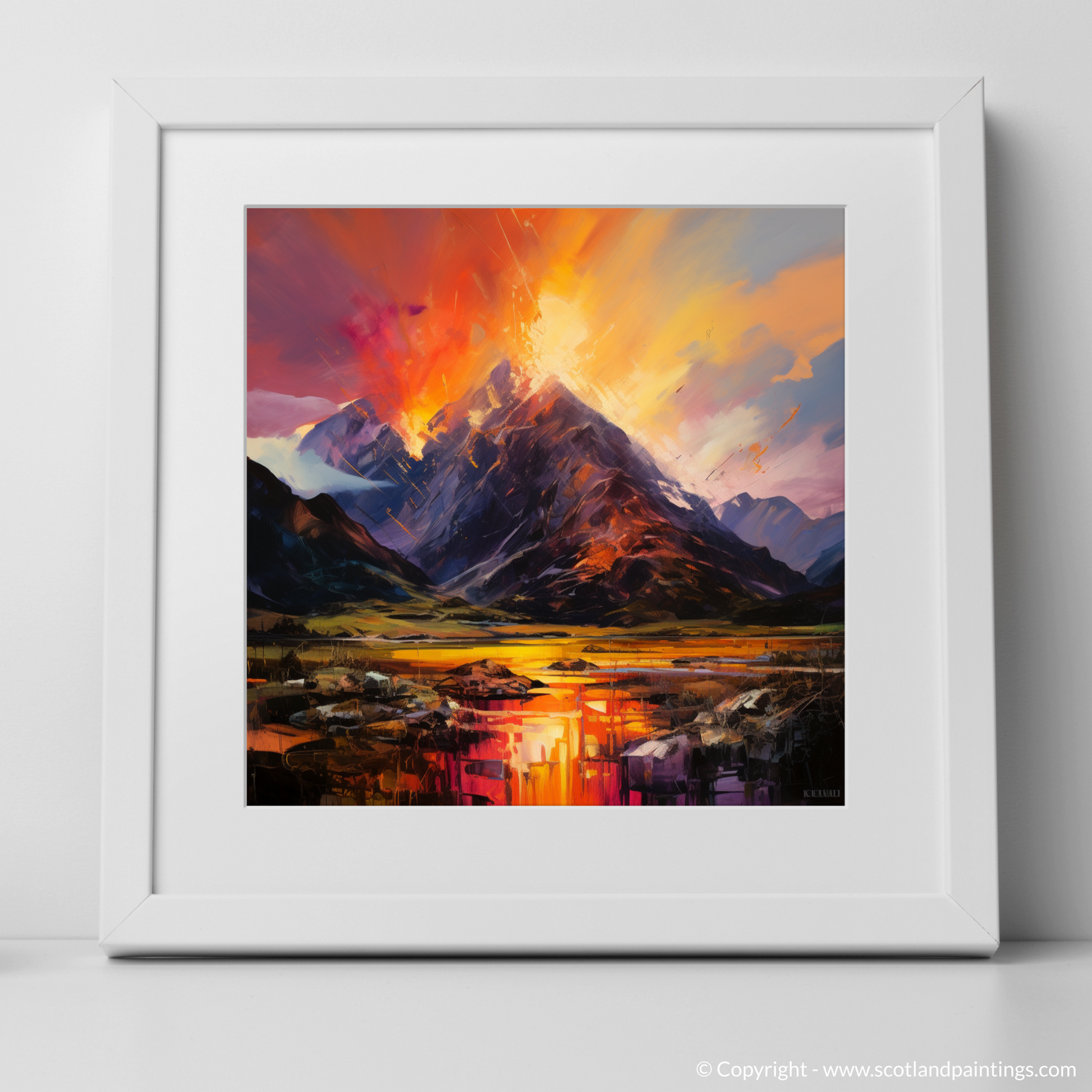 Art Print of Fiery sky over peaks in Glencoe with a white frame