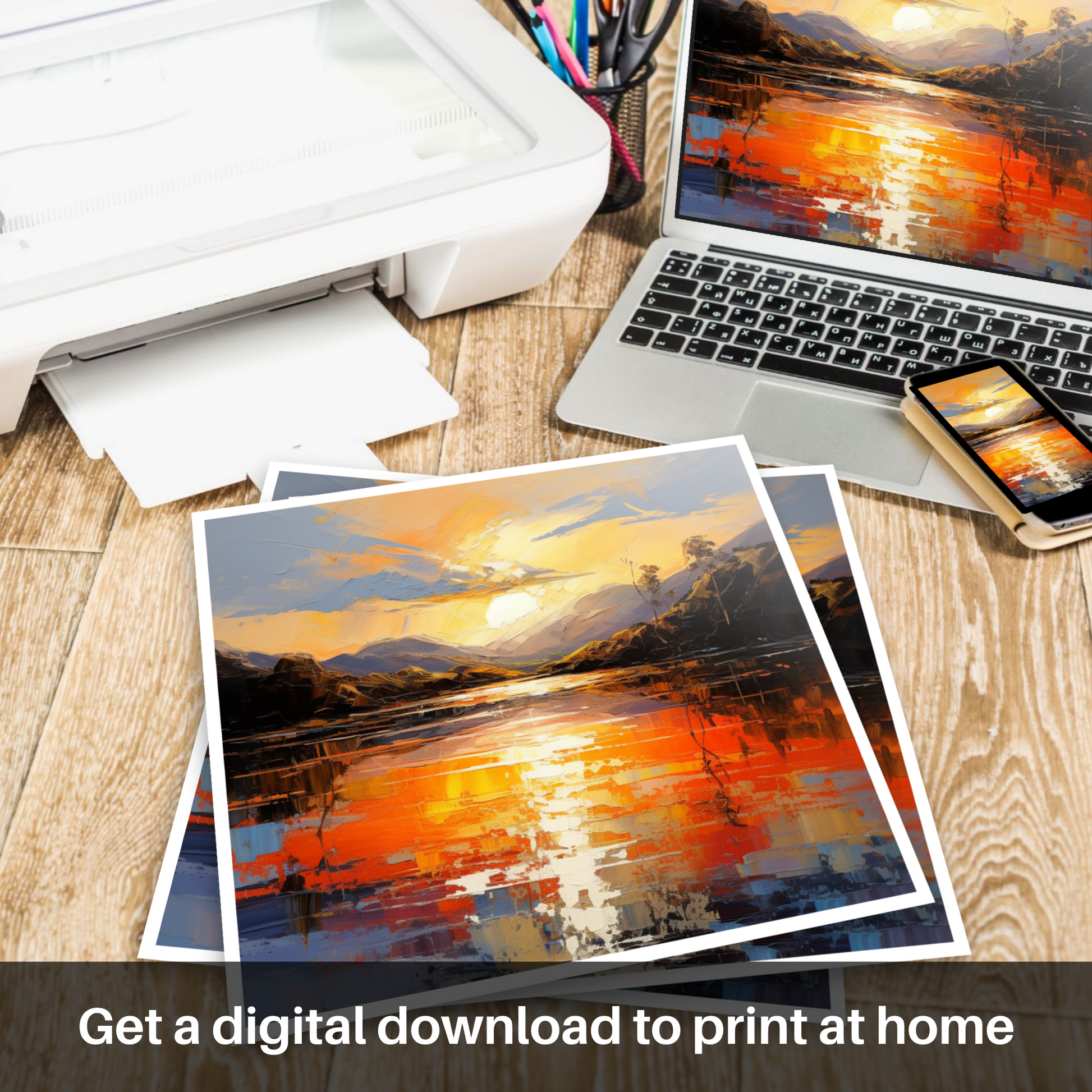 Downloadable and printable picture of Golden hour at Loch Lomond