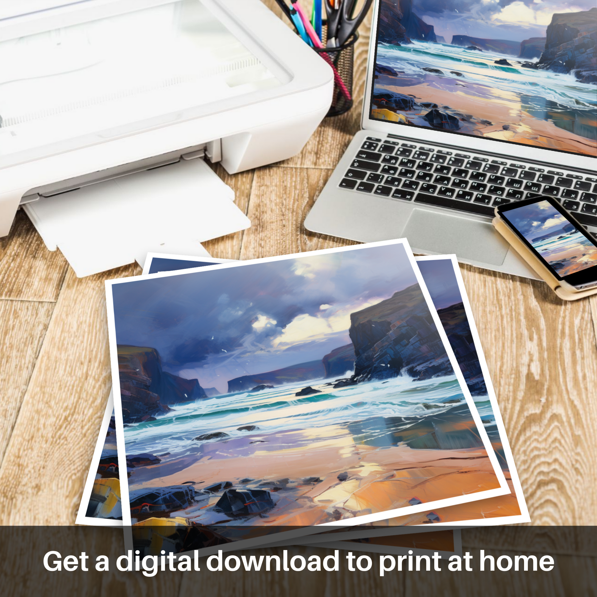 Downloadable and printable picture of Sandwood Bay with a stormy sky