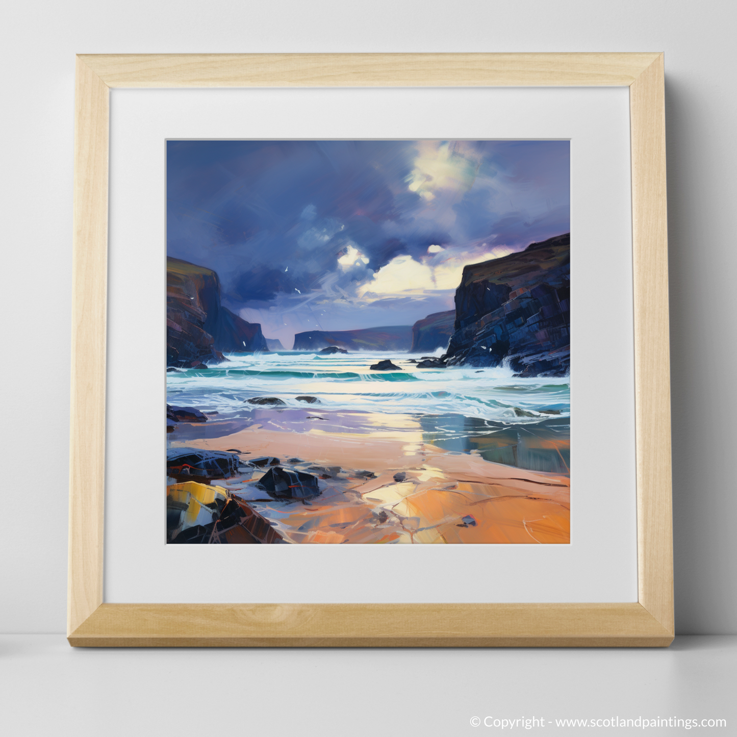 Art Print of Sandwood Bay with a stormy sky with a natural frame