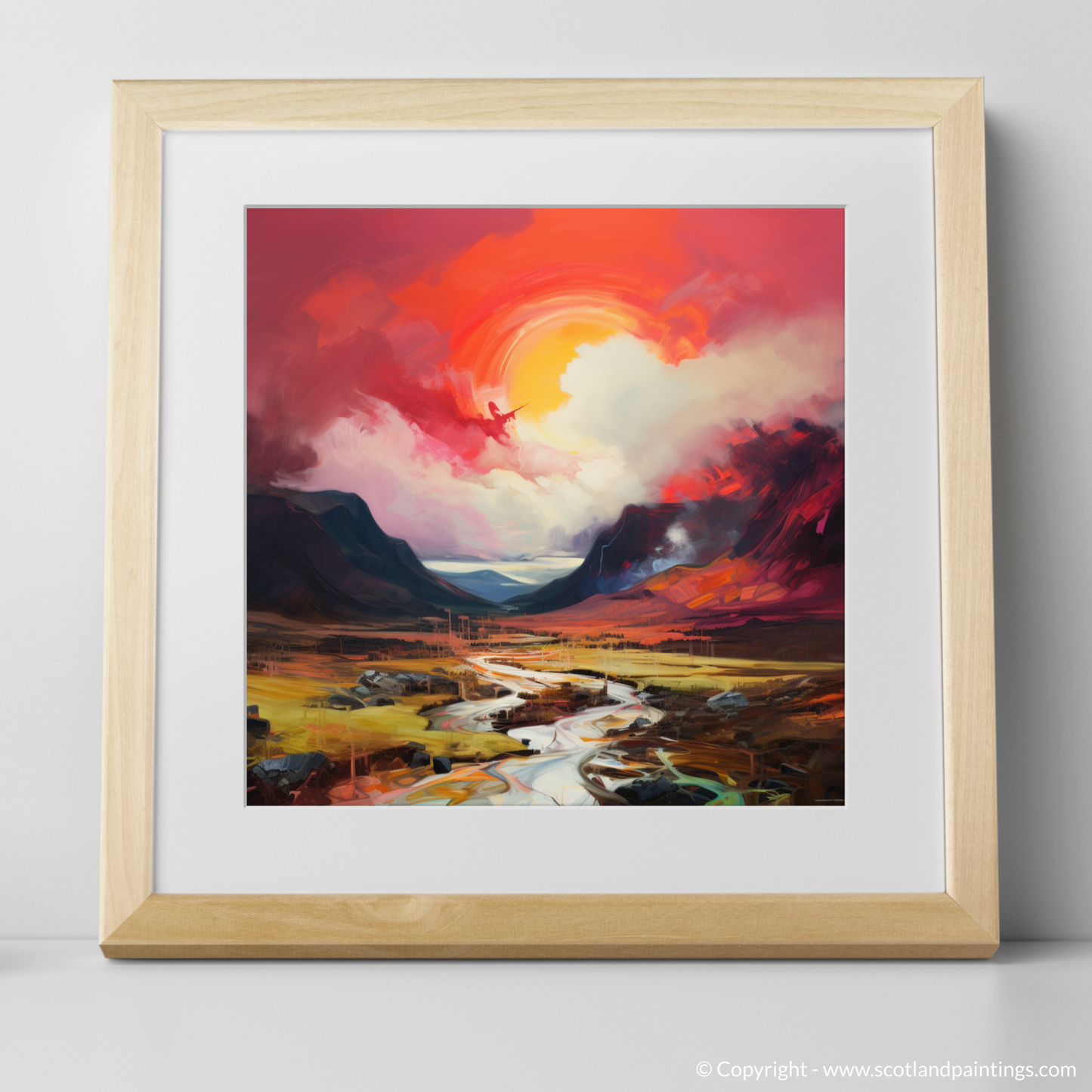 Art Print of Crimson clouds over valley in Glencoe with a natural frame