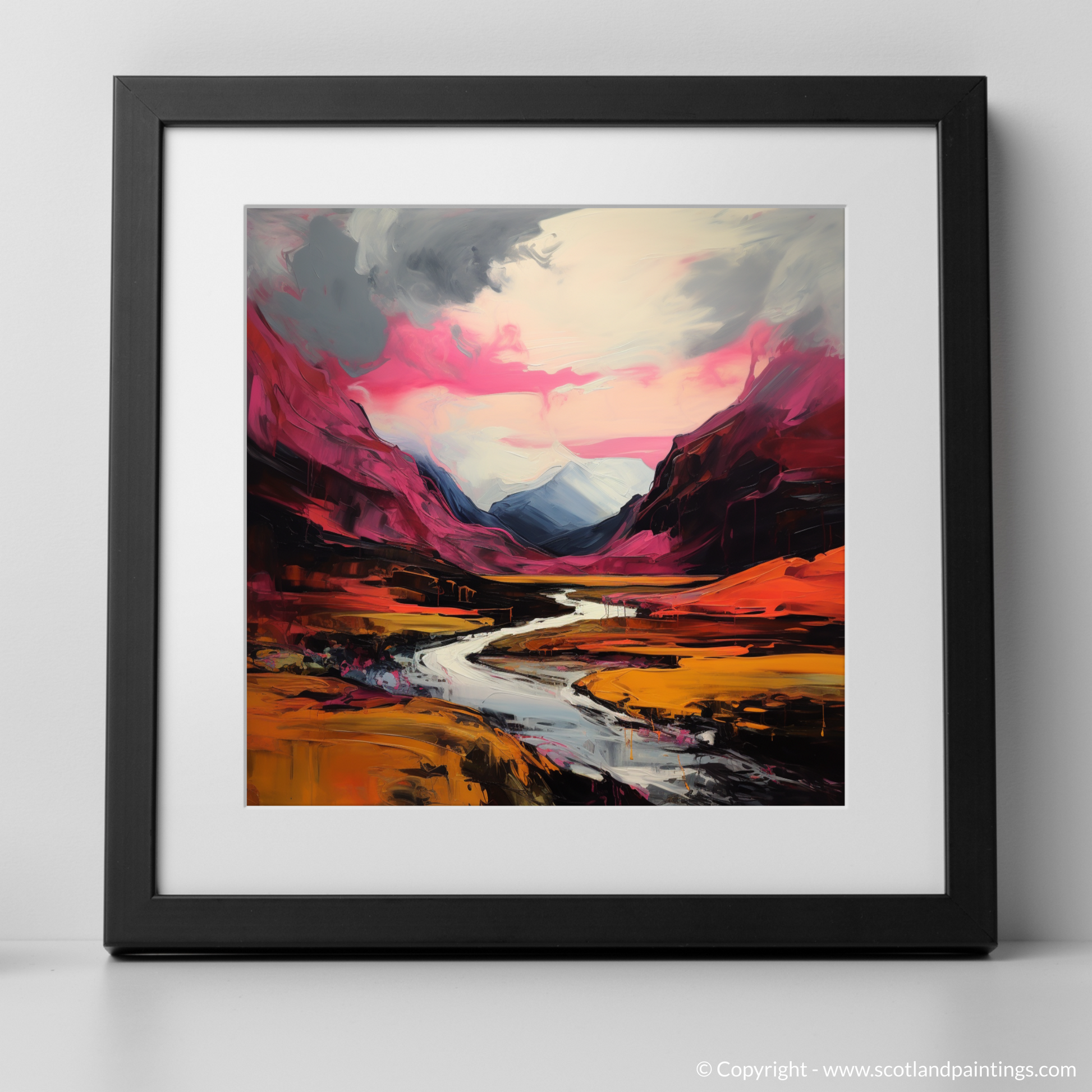 Art Print of Crimson clouds over valley in Glencoe with a black frame