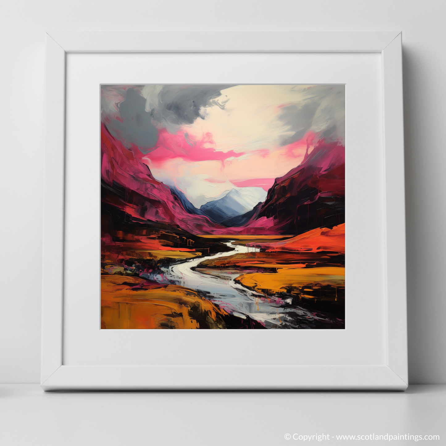 Art Print of Crimson clouds over valley in Glencoe with a white frame